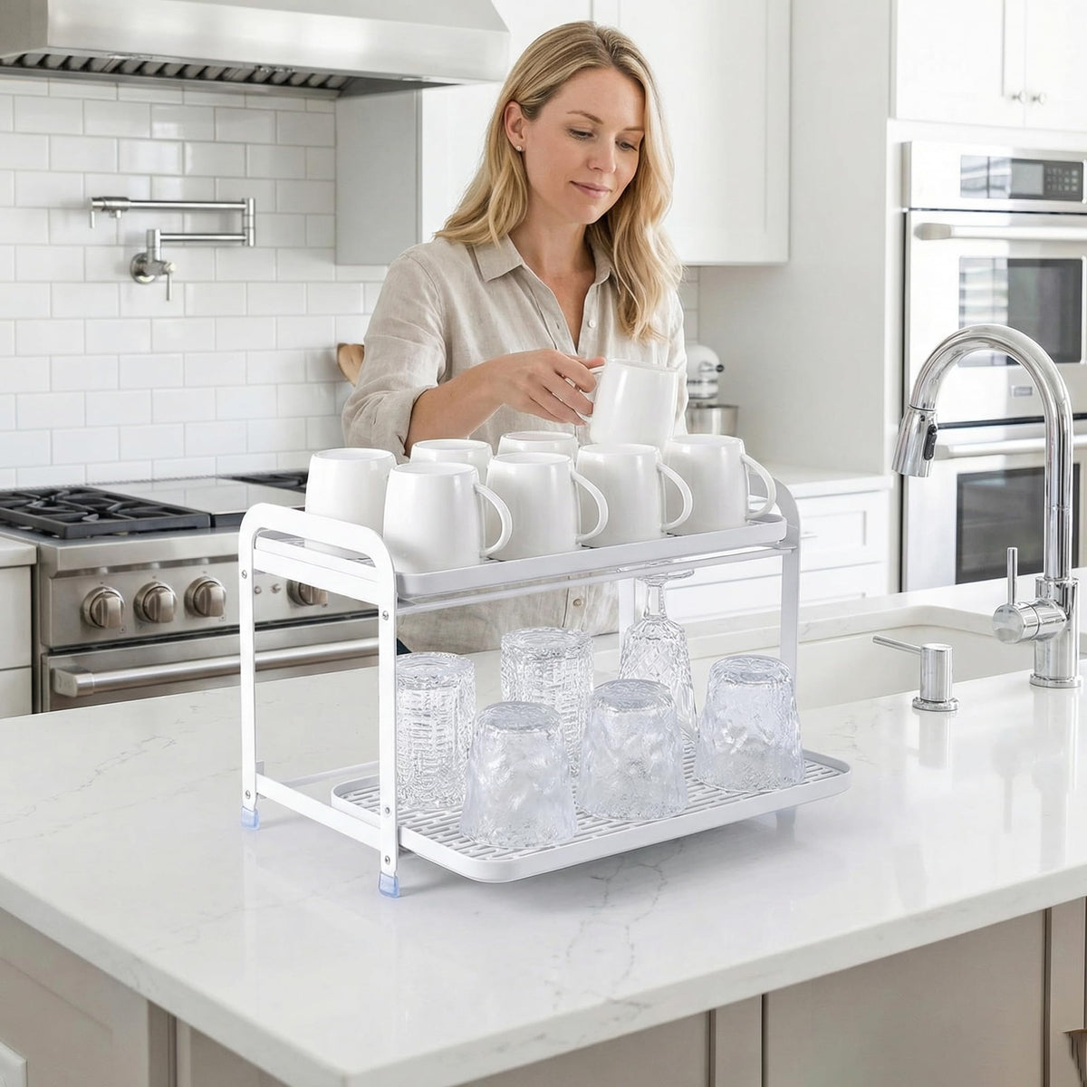 BunnyCare Mug Organizer for Cabinet, Double-Wall Glass Cup Drying Tack, Coffee Mug Holde, Fruit Drainer, Kitchen Spice Organizer,Individual Use of Trays Multi-Functional Storage White Organizer Shelf