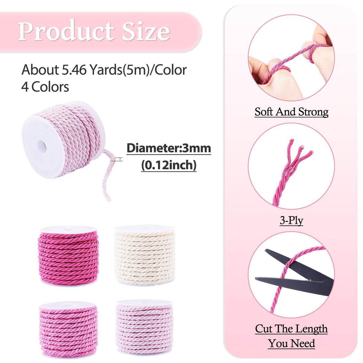 4 Rolls Polyester Twine Cords Trim 3mm 5.4yards Braided Macrame Cord Braided Twisted Silk Rope for Knitting Bag Wall Hangings Plant Hangers Handmade Macrame Supplies