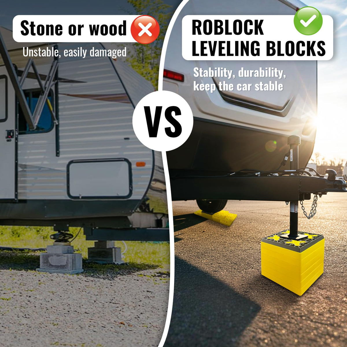 ROBLOCK Rv Leveling Blocks 12 Pack (2 Rubber Top), Camper Leveling Blocks Sturdy Stackable Jack Blocks with Carrying Bag, Multifunctional Wheels Stabilizer Blocks Suit for Camper Travel Trailer