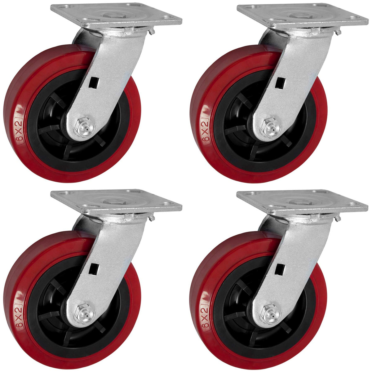 IconCasterWheels 6 inch PRO-TECH Polyurethane Non-Marking Heavy Duty Swivel Caster Wheels Set of 4-4 Swivel, 4" x 4.5" Top Plate, Industrial Plate Casters, 3600 LBS Load Capacity Per Set, Red