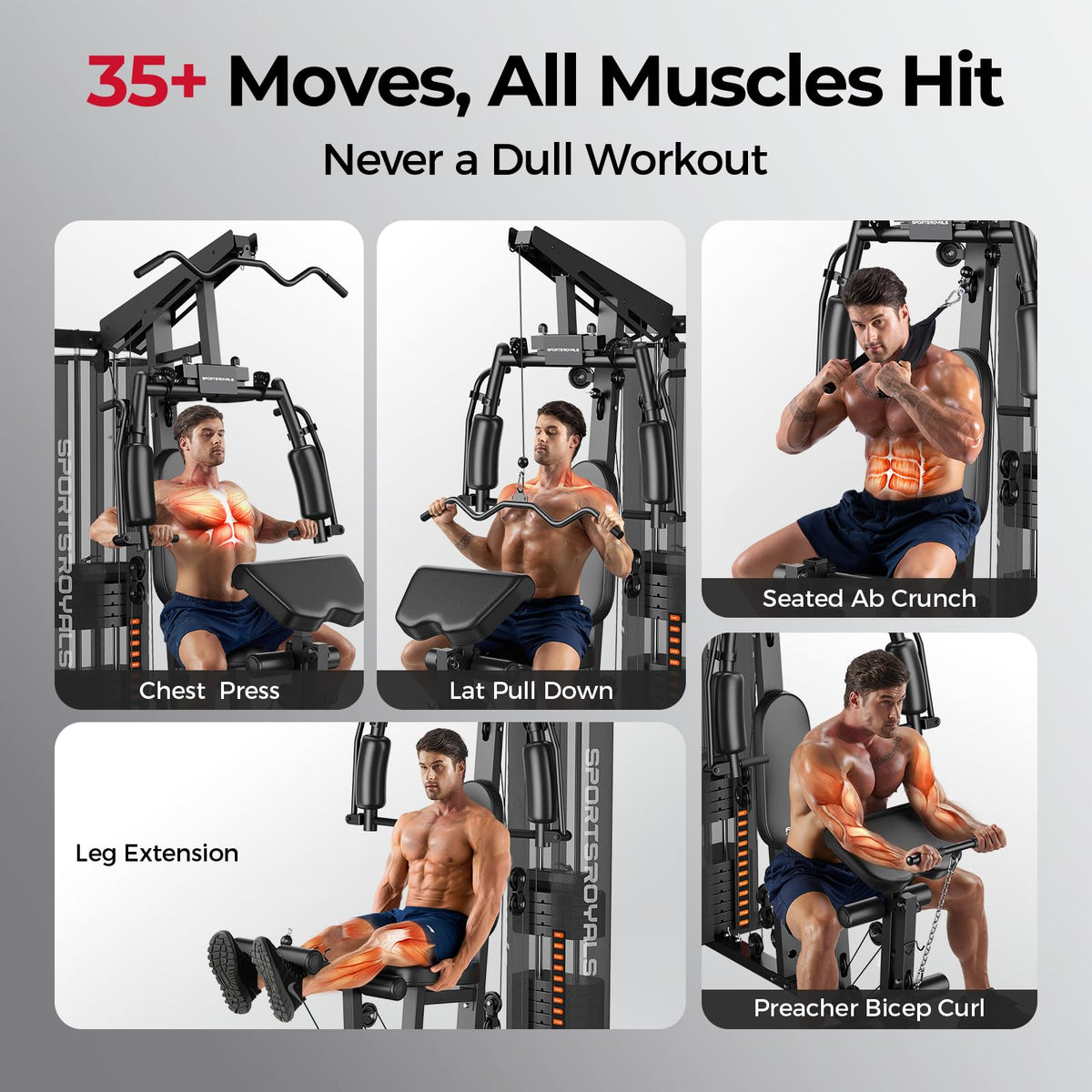 Sportsroyals Home Gym, Multifunctional Workout Station with Leg Press, 150LBS Weight Stack Full Body Workout Equipment for Home Exercise Fitness Strength Training (Black)