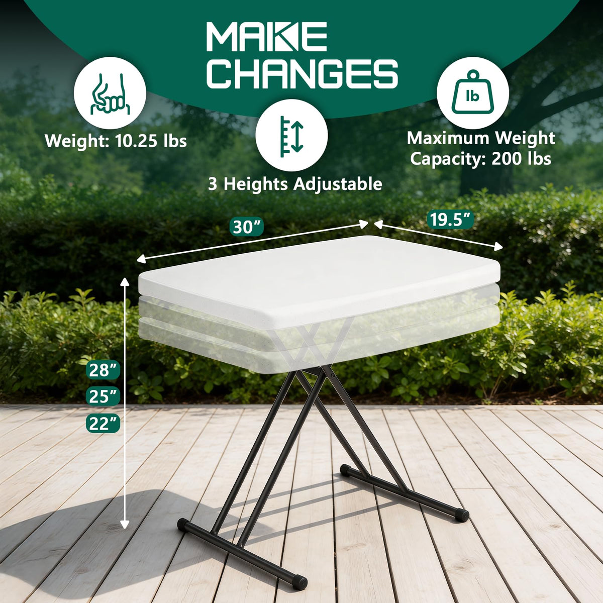 MAKE CHANGES Folding Table 30 Inch - Small Desk Adjustable Height TV Tray for Laptop, Couch, Camping - Heavy Duty Utility Foldable Table for Small Spaces, No Assembly Required, White Granite