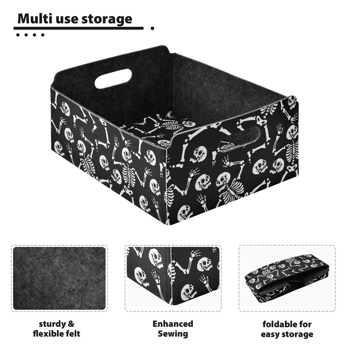 CaTaKu Foldable Storage Basket Halloween Skull Black Collapsible Felt Storage Bins with Handle Drawer Organizer Bin Cube Shelf Box for Organizing Closet Clothes Office Books Bedroom