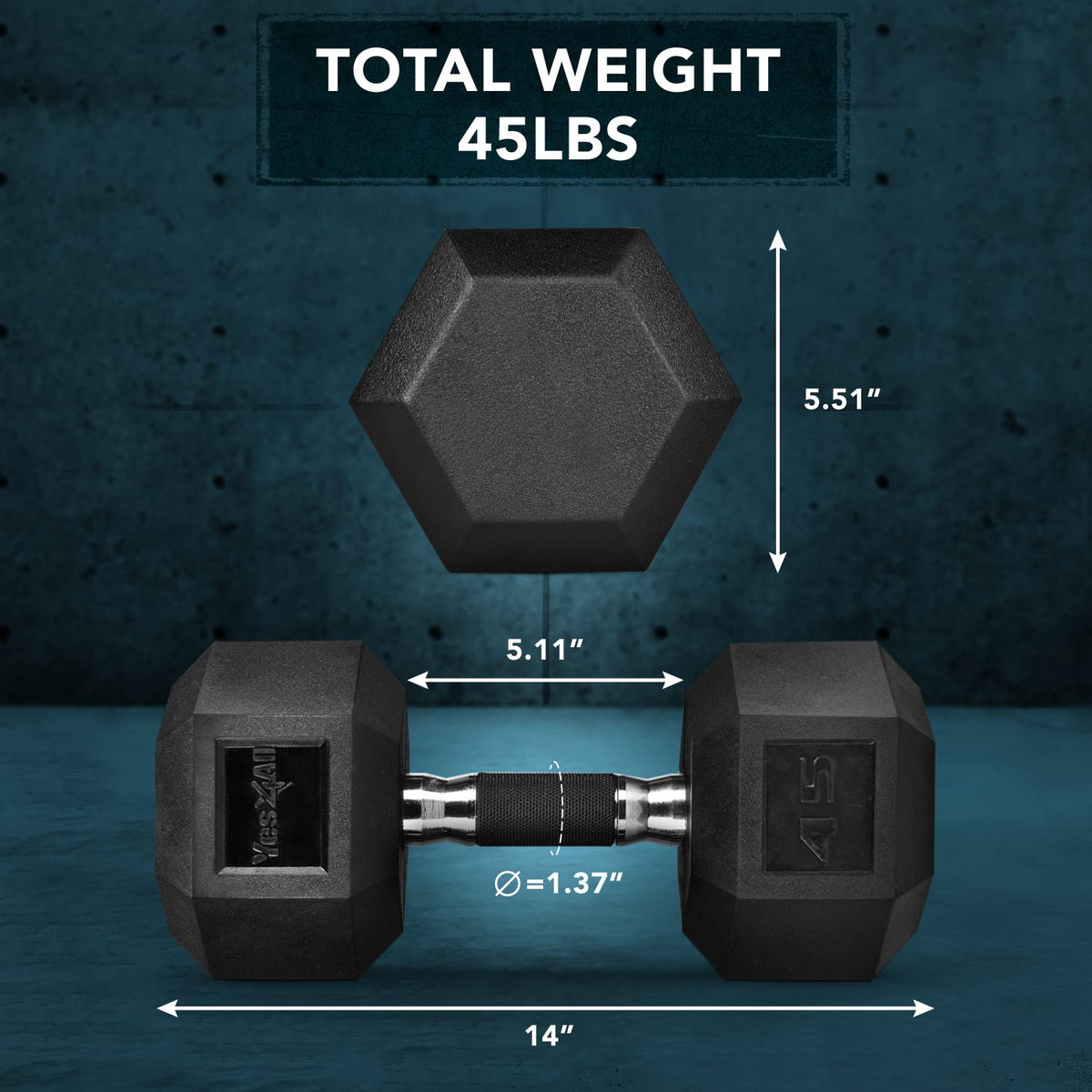 Yes4All Hex Dumbbell Rubber Grip - Premium heavy weight Dumbbell - 45lbs