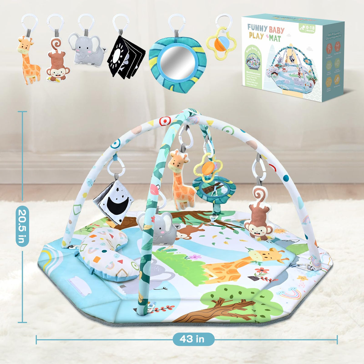Baby Gym Play Mat, 8-in-1 Tummy Time Mat & Ball Pit with 6 Toys, Washable Baby Activity Play Mat for Visual, Hearing, Sensory, Motor Development, Baby Toys Gift for Toddler Infant 0-3-6-9-12 Months