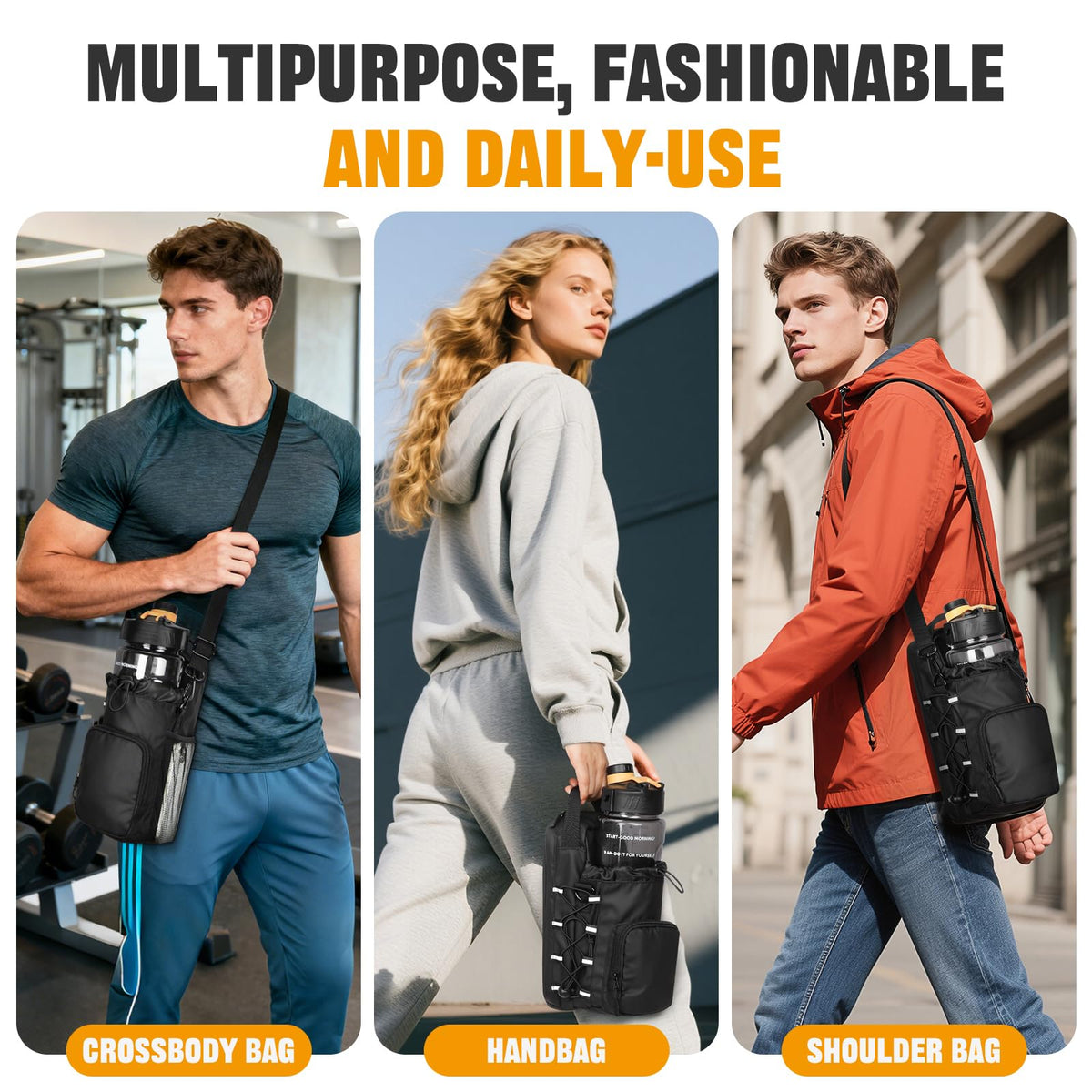 HUNTVP Magnetic Gym Bag Water Bottle Carrier Holder with Shoulder Strap & Phone Pockets, Magnetic Water Bottle Bag Pouch for Gym Fitness Essentials Accessories for Men and Women