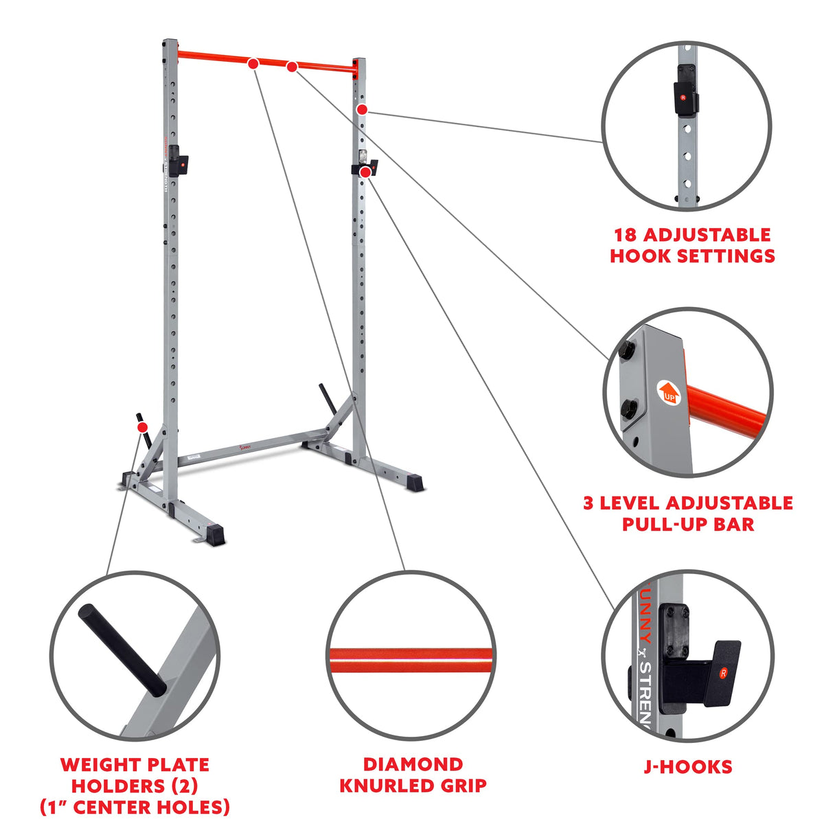 Sunny Health & Fitness Squat Stand Power Rack for Weightlifting - Multifunction Bench Press Squat Rack with Adjustable Pull Up Bar for Home Gym - SF-XF922059