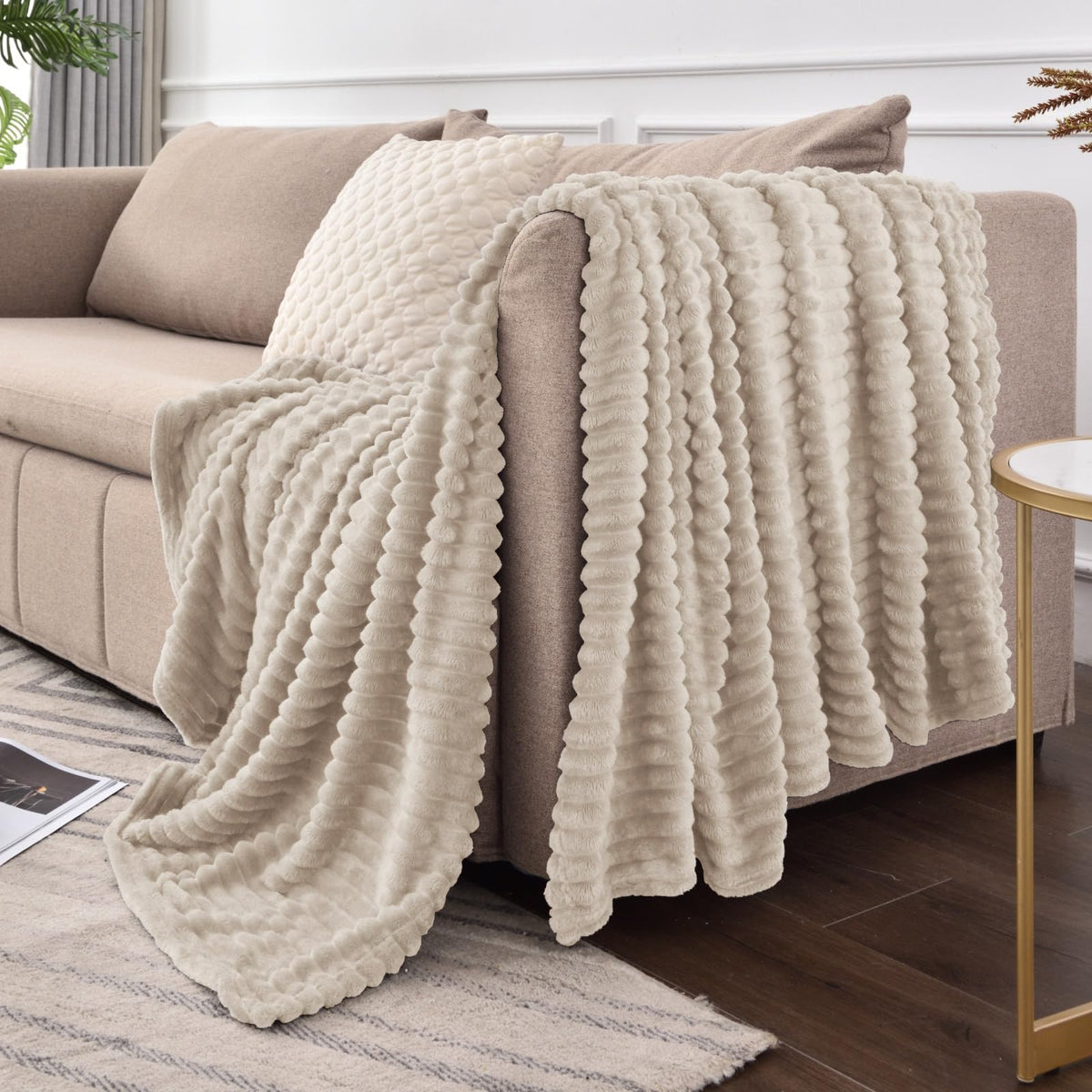 BEDELITE Fleece Throw Blanket for Couch – 3D Ribbed Jacquard Soft and Warm Decorative Fuzzy Blanket – Cozy, Fluffy, Plush Lightweight Linen Throw Blankets for Bed, Sofa, 50x60 inches