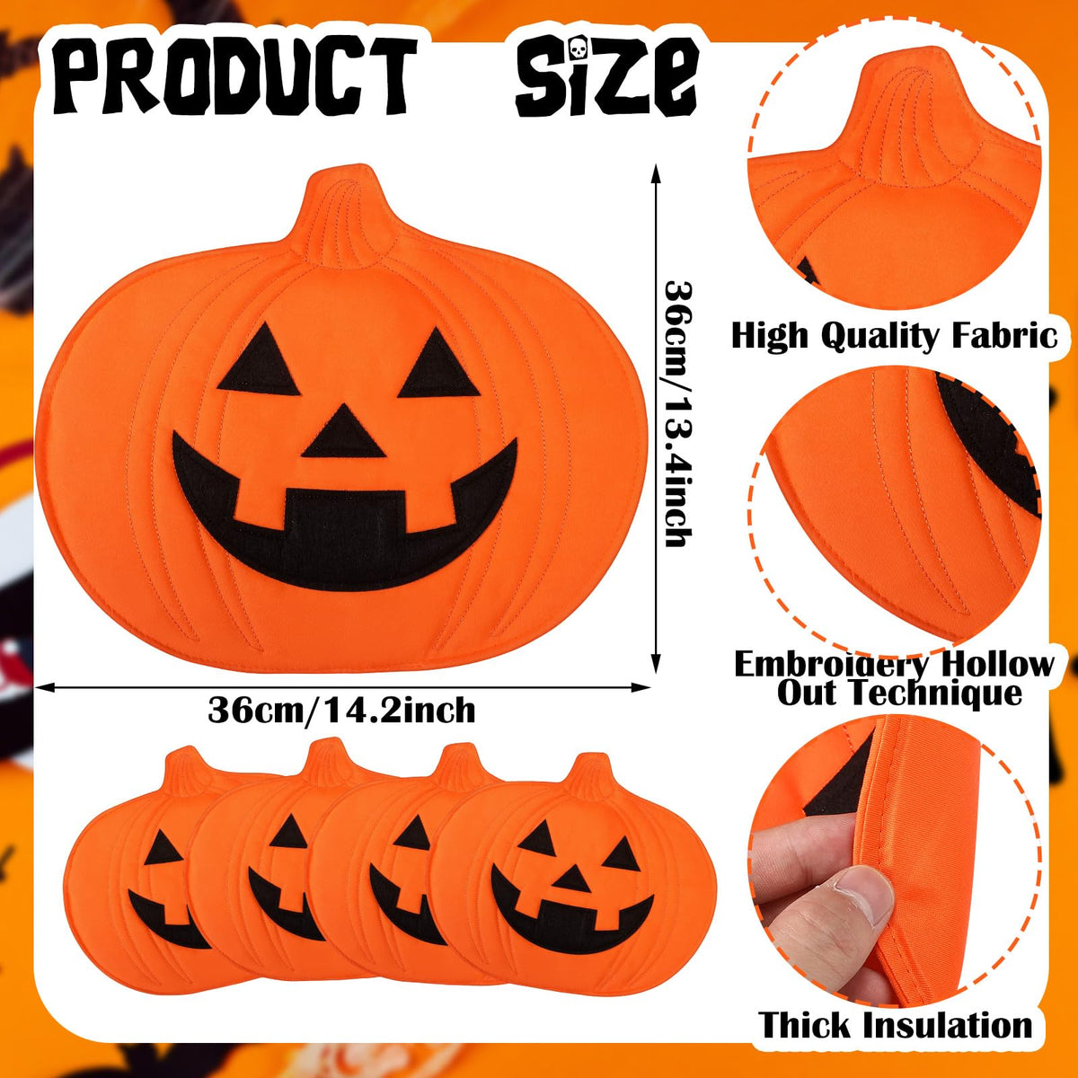Widecook 4 Pcs Halloween Pumpkin Placemat Jack O Pumpkin Shaped Table Mats 13" x 14" Fall Autumn Harvest Table Decoration for Thanksgiving Holiday Festival Kitchen Dinner Tabletop Party Decor(Smile)