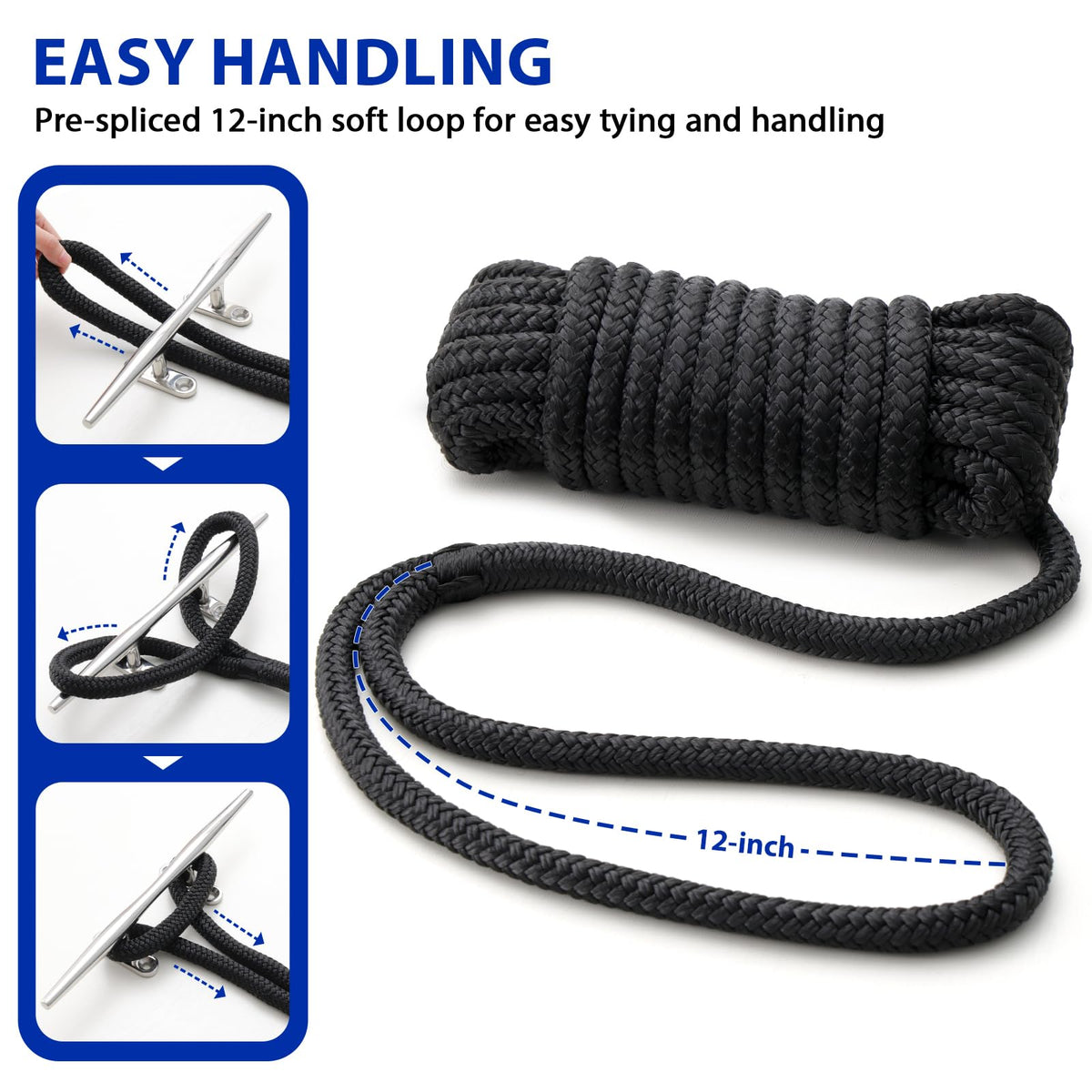Boat Dock Lines Marine Rope - 1/2" x 15ft with Pre-Spliced 12" Loop Double Braided Nylon Ropes Bumper Tie Mooring Line for Boats Docking Pontoon Boating Accessories - 4 Pack Black