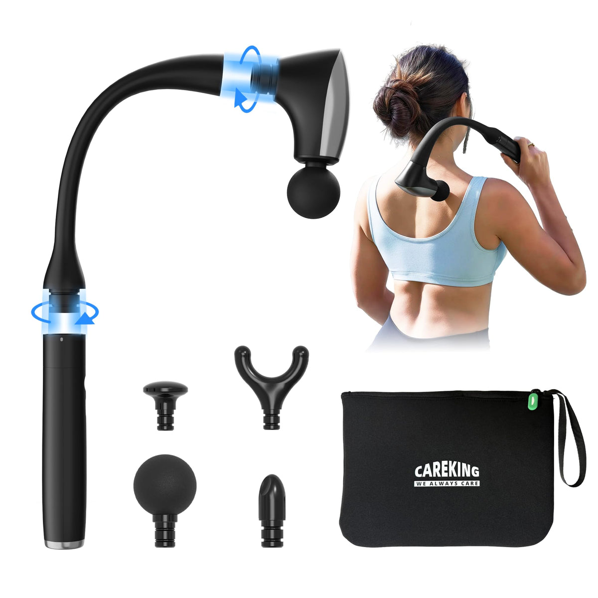 CAREKING 2-in-1 Detachable Muscle Massage Gun Deep Tissue with 20'' Extension Handle, Back and Neck Massager for Pain Relief, Handheld Massager for Shoulder Lower Back Leg Waist, FSA-HSA Eligible