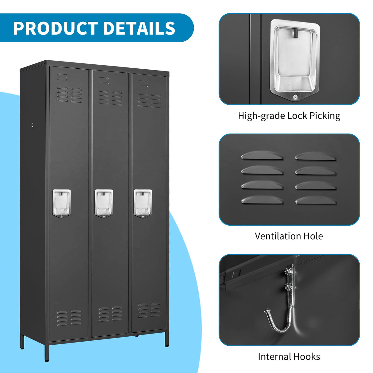BIZOEIRON 3 Doors Locker Storage Cabinet, Metal Locker for Employees, 72" Tall Lockers for Office School Gym Home, Require Assembly (Black)