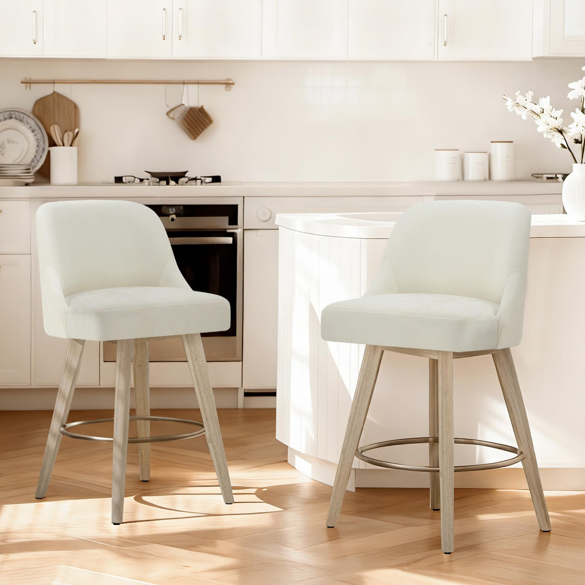 Counter Height Bar Stools Set of 4, Modern Swivel Barstools with Back and Wood Legs, Fabric Upholstered Bar Chairs, 26" Seat Height Counter Stools for Kitchen Island,Ivory