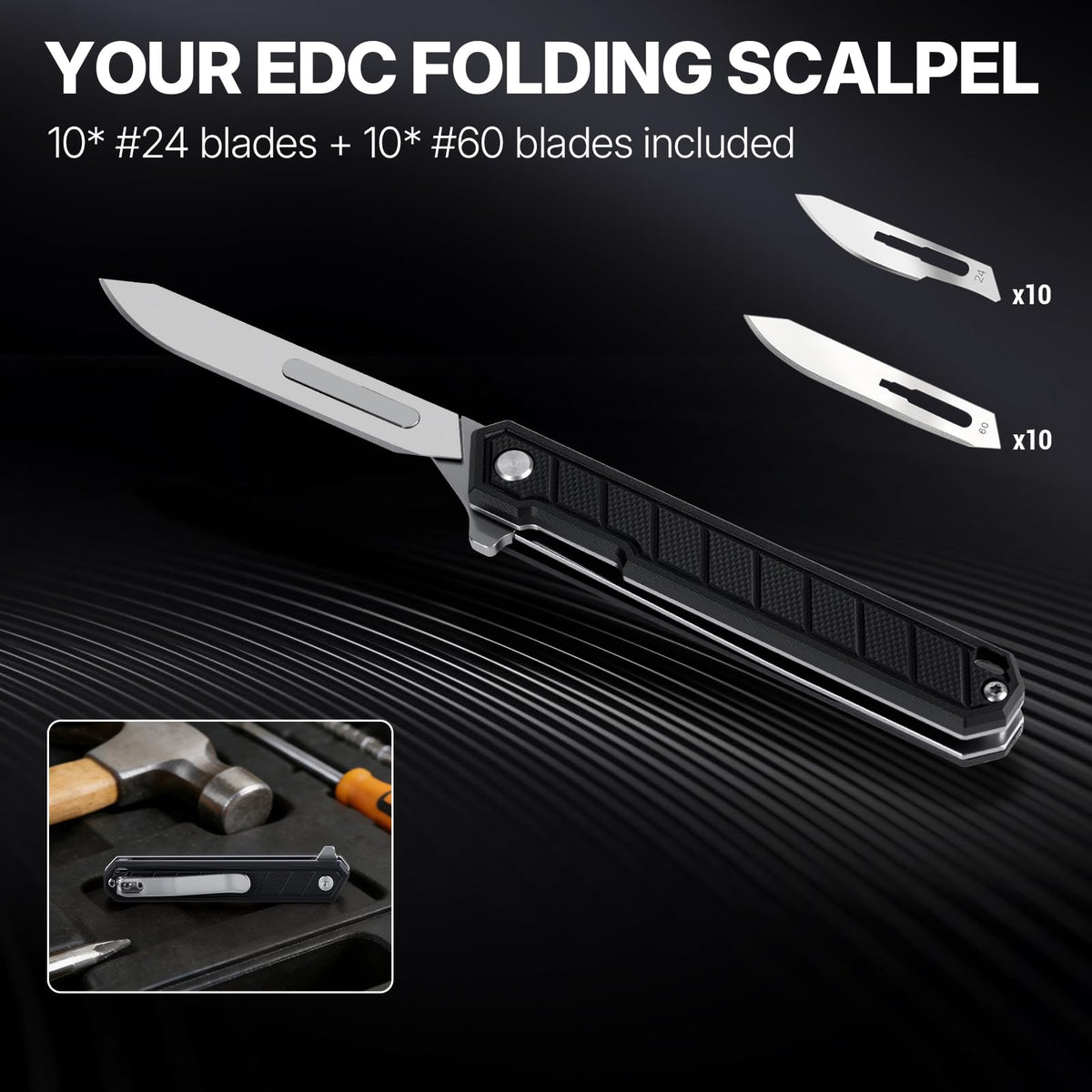 Tops Home Mini Folding Scalpel – Slim G10 Handle with Back Clip, Liner Lock Pocket Knife for Crafts, Utility Box Cutter, Includes 20 Replaceable Blades (#24 & #60) (Black)