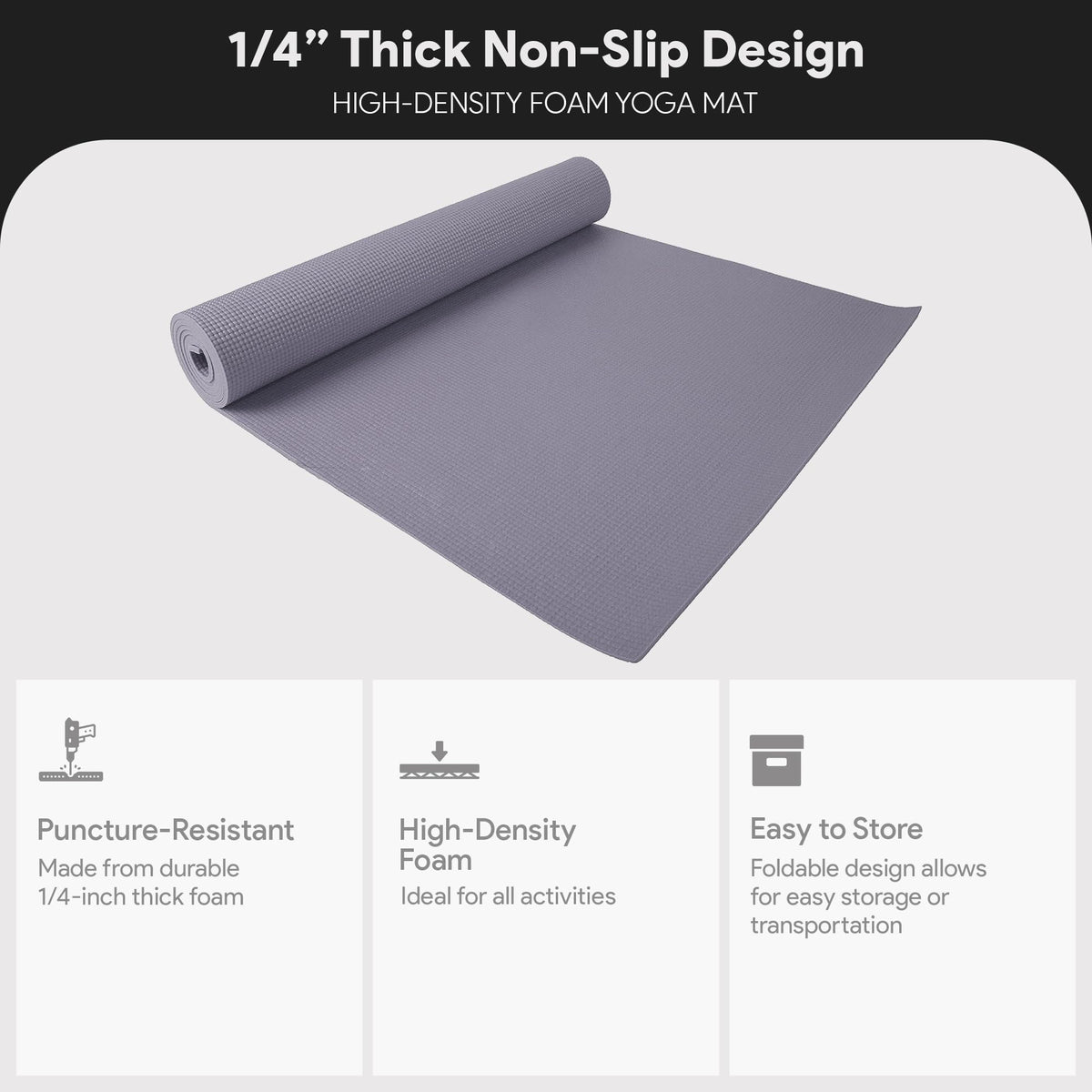 Fitvids 1/4-Inch High Density Thick Non Slip Yoga Mat with Knee Pad and Carrying Strap for Workout, Pilates, Gym Home Exercise, Grey