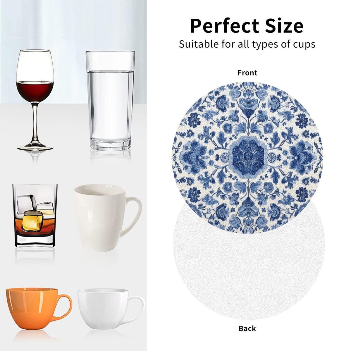 White Blue Pattern Coasters for Drinks Absorbent Leather Coasters Set of 6 for Coffee Table Cup Bar Desk Round Coaster Mats Holiday New Home Decors