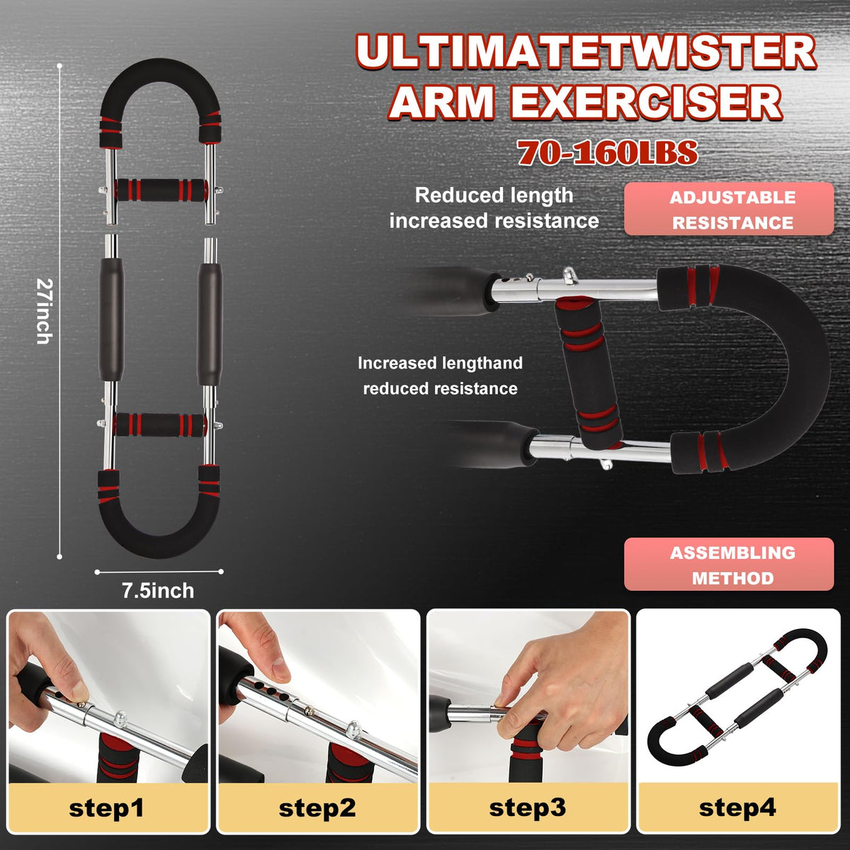 Gecool Chest Workout Equipment,Adjustable Resistance Bar for Full Body Workout, Arm Strengthener for Men & Women, Fitness Equipment for Strength Training（70-160Lbs）