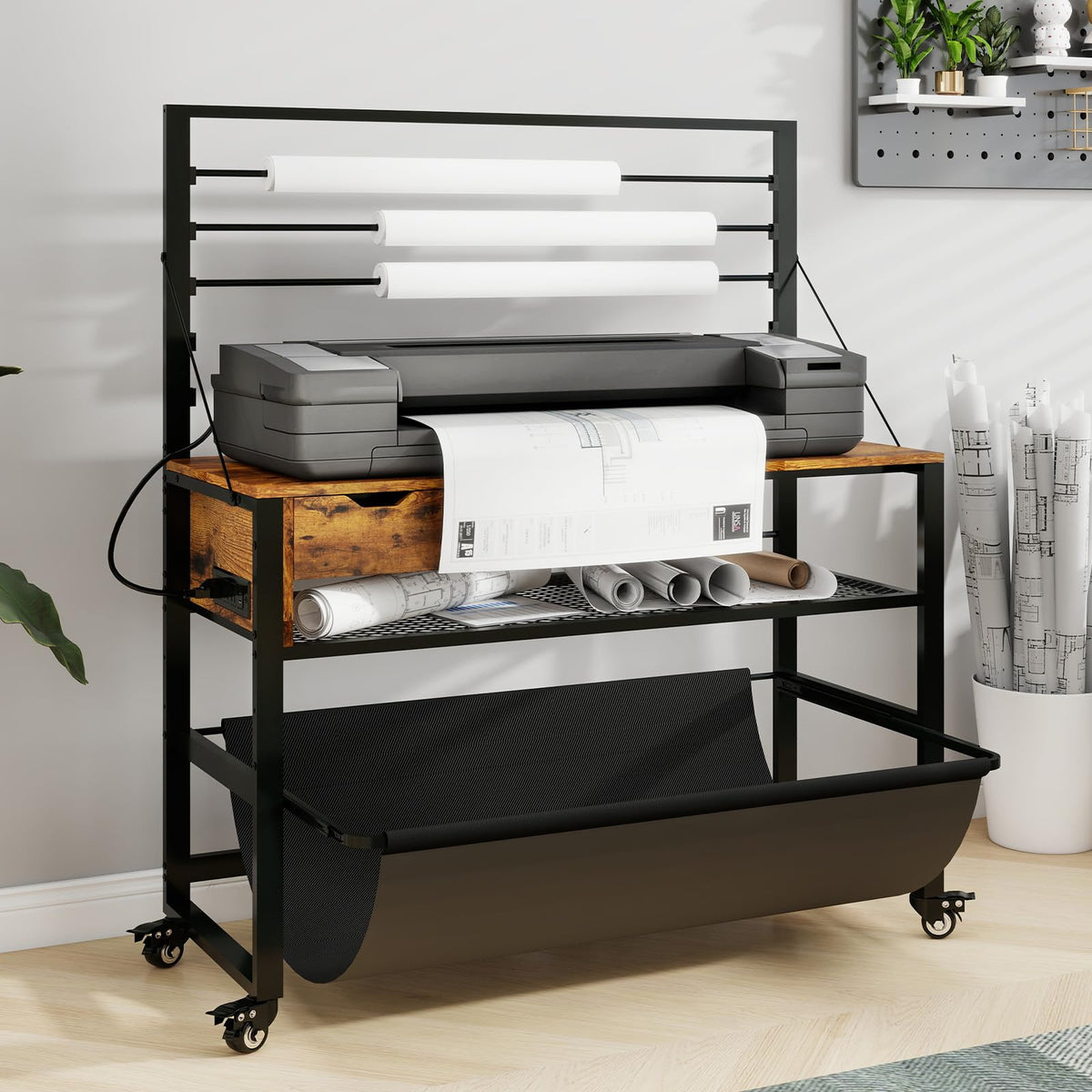 Natwind Wide Format Printer Stand, Plotter Workbench Table with Pull-Out Drafting Storage, Roll Paper Holder, Accessory Drawer, Adjustable Storage Shelf for Plotters and Cutting Machines (Retro)