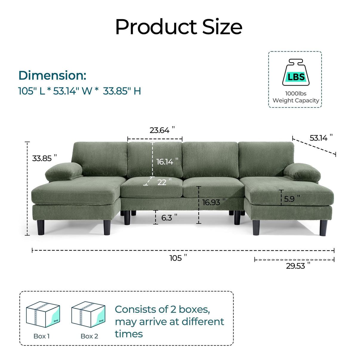 LINSY HOME Sectional Couch, 105'' W Corduroy U Shaped Sofa with Sleepable Armrests, 4 Seat Couch with Double Chaises, Deep Sofa for Living Room, Green