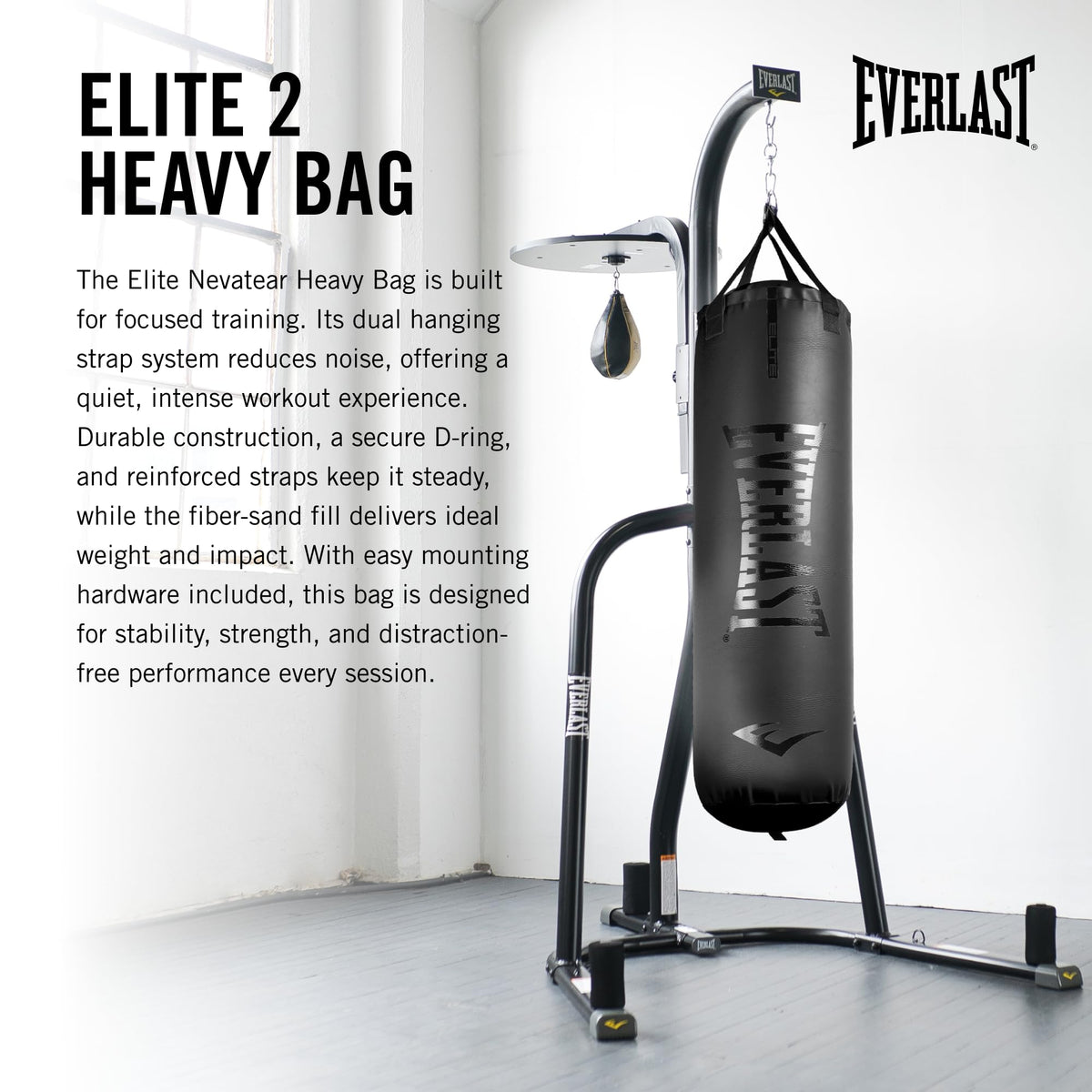 Everlast Elite 2 Heavy Bag (80 LB) with Wood Beam Heavy Punching Bag Hanger, Durable Boxing Heavy Bag for Home Training