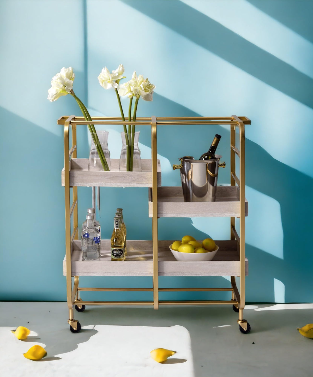 GOLGAILY 34" W x 17" D x 38" H Gold & White Washed Finish Serving Cart with 3 Open Compartments and Adjustable Trays