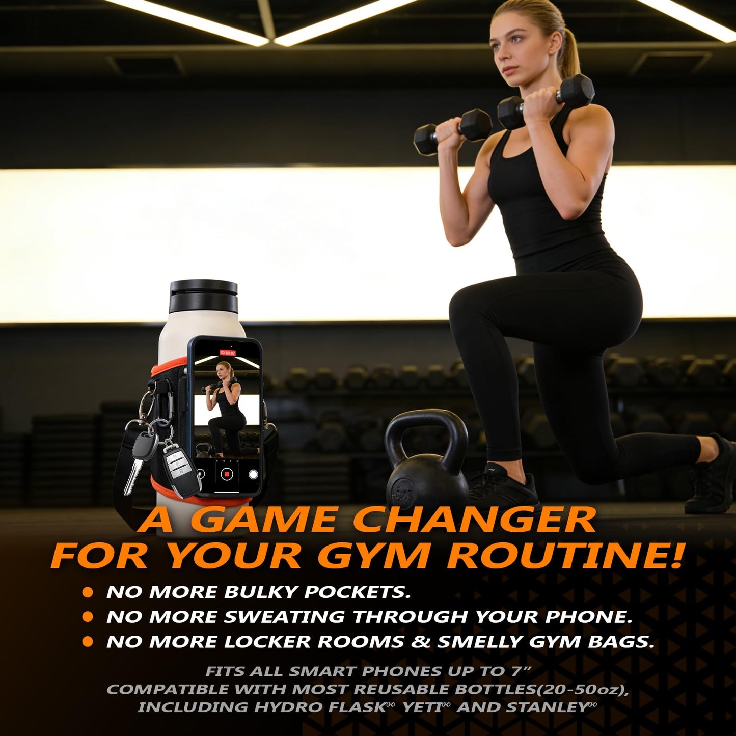 Magnetic Gym Water Bottle Bag（Max 32OZ） & Holder with Magnetic Phone Pocket, Keys & Bluetooth Earphone Storage, Gym Accessories Organizer with Card & Cash Pocket