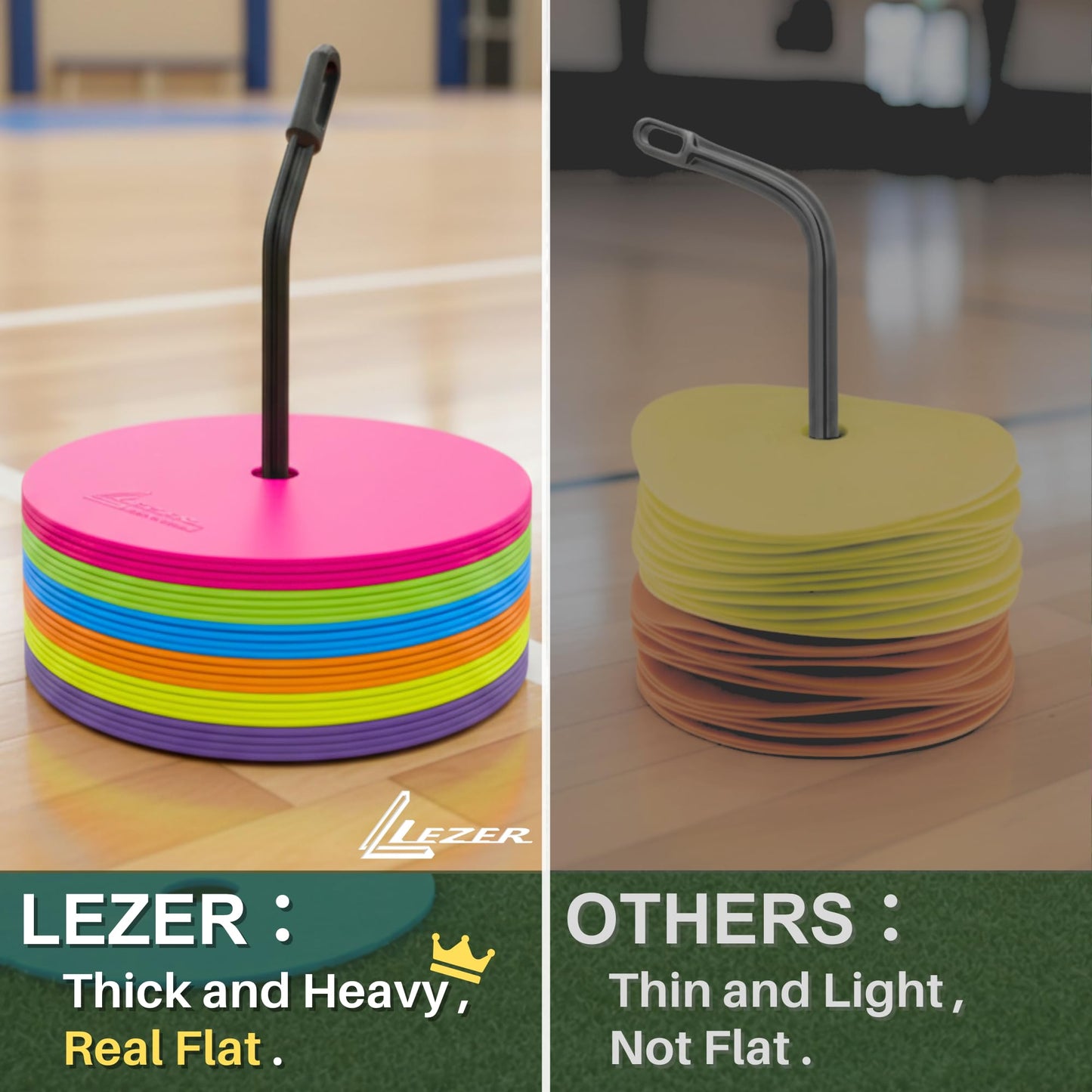 LEZER 9 Inch Flat Cones, Spot Markers, Soccer Cones, Field Court Markers, Sit Spots, Flat Discs, Soccer Training Equipment, Agility Practice, Football, Made in Taiwan, Set of 12