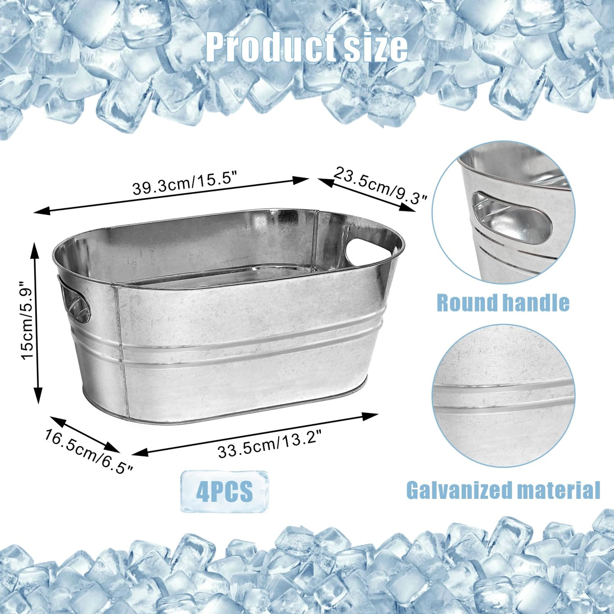4 Pack Galvanized Tub Ice Bucket, 3 Gallon Large Metal Drink Buckets for Parties & Bars, Beer Beverage Tub with Carry Handles for Champagne, Cocktails, Wine Cooling, Mimosa Supplies