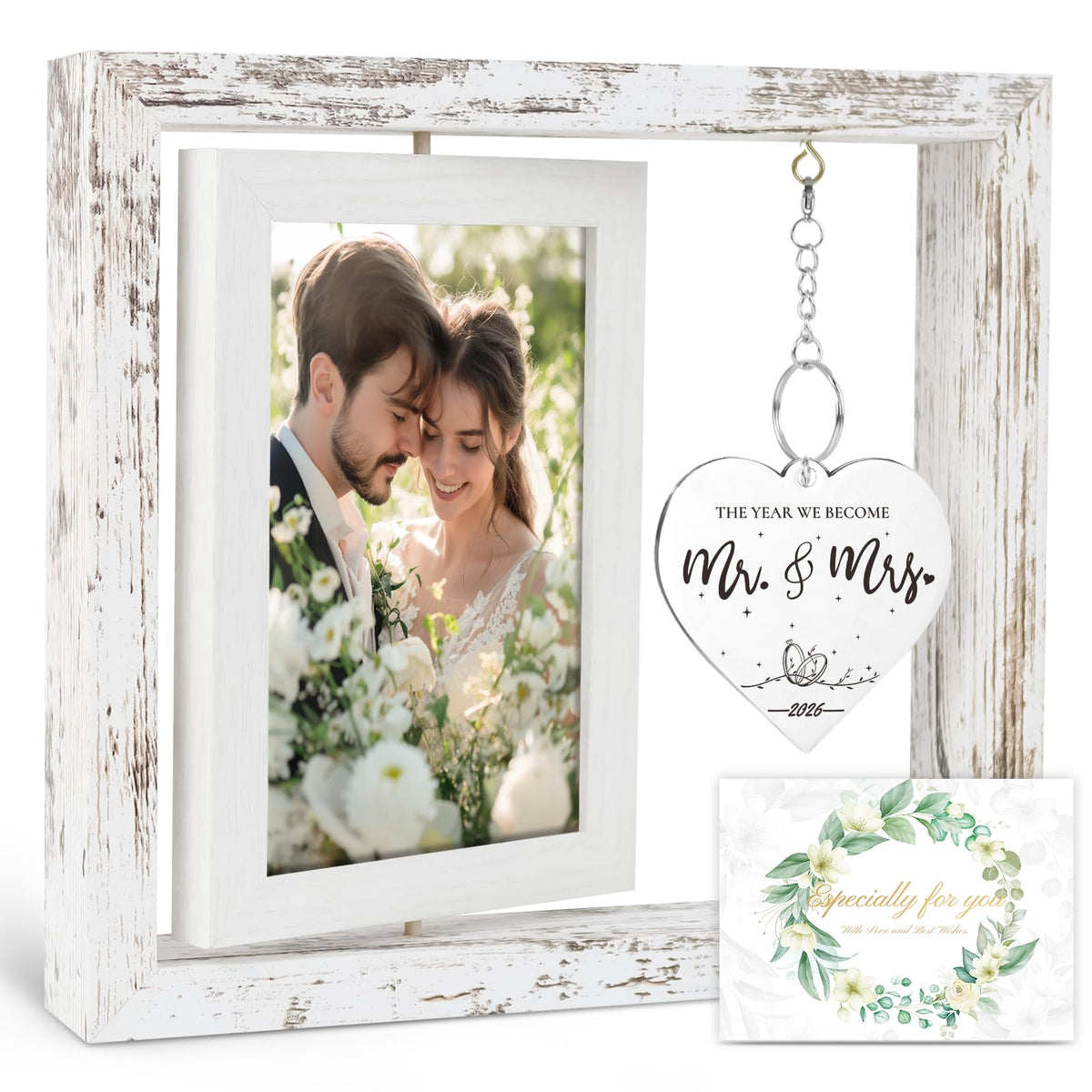PIKPEOD Wedding Gifts for Couples 2026, Engagement Gifts for Couples, Personalized Mr and Mrs Wedding Gift for Newlyweds, Bridal Shower Gift for Bride to Be, Rotating Floating Wedding Picture Frame 4x6