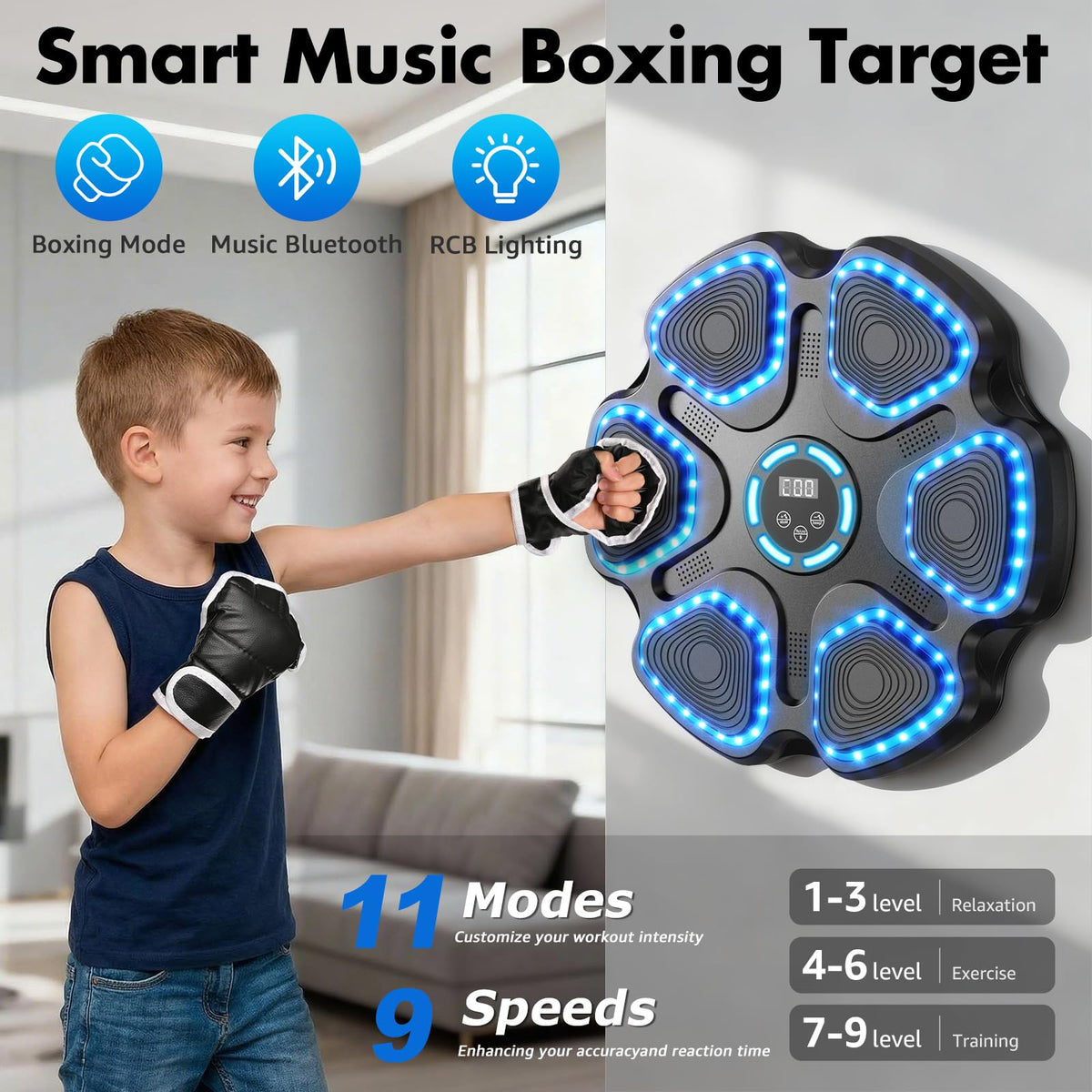 Music Boxing Machine for Kids Adults, Smart Interactive Music Punching Machine with Gloves 11 Modes 9 Speeds Wall Mounted Electronic Boxing Punching Pad for Reaction Training Home Fitness Room Game
