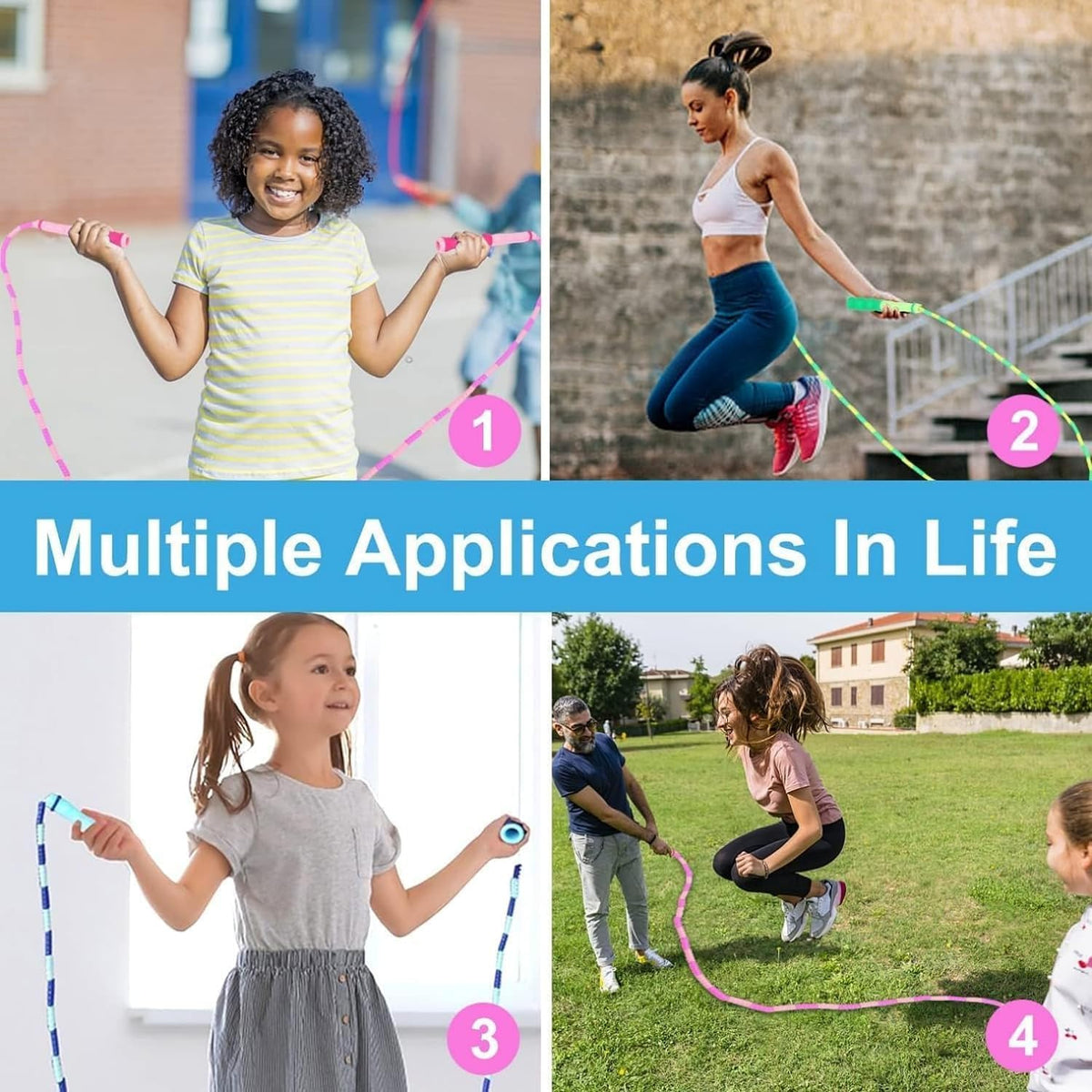 GRAWUN 6 Pack Jump Rope For Kids,Soft Beaded Jump Rope,Adjustable Length Tangle-Free Segmented Soft Beaded Skipping Rope,for Women, Men and Kids Keeping Fit,Workout and Weight Loss
