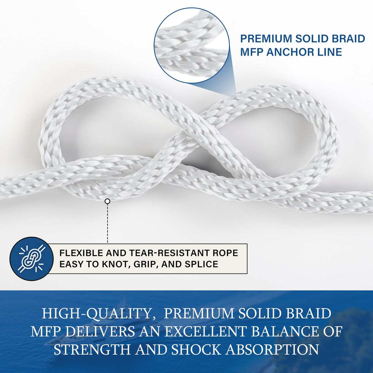 HOPESEILY 3/8 x 100FT Boat Anchor Rope, Premium Solid Braid MFP Marine Line with Stainless Steel Thimble & Shackle for Boats Jet Ski Yacht Dock, Heavy Duty (White)