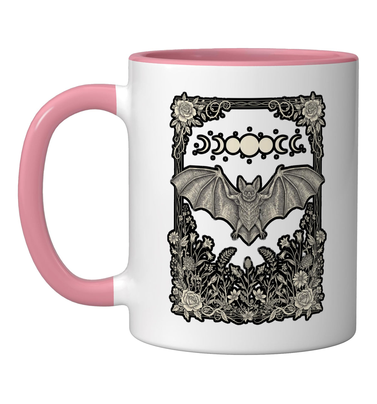 Halloween Bat Moon Phases Vintage Engraving Gothic FloralArt Ceramic Mug, Pink/White
