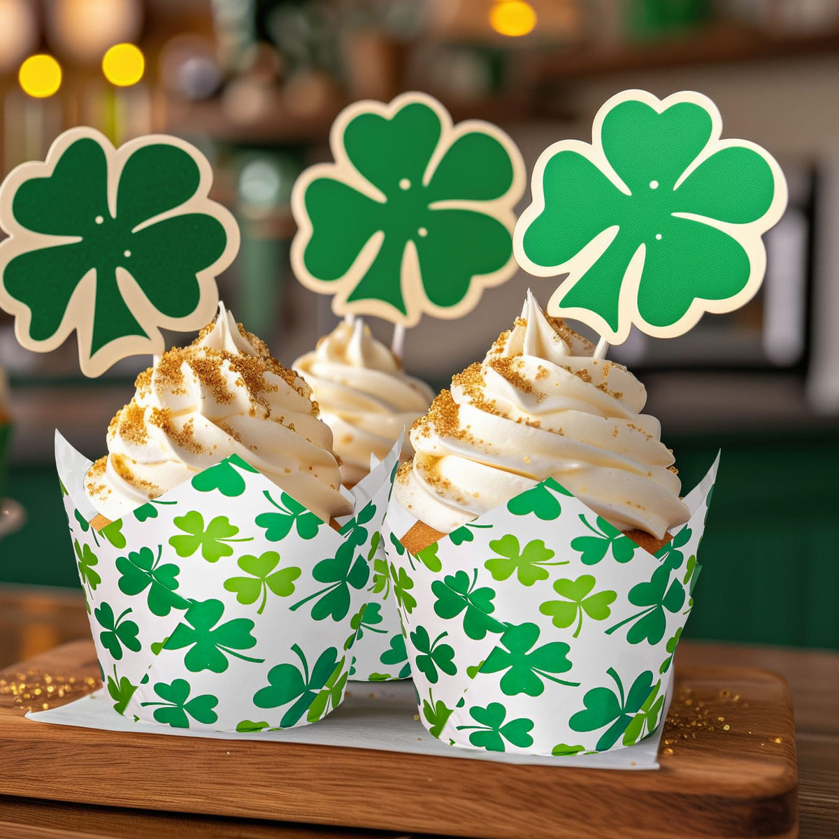 FYSUIMU 200Pcs St. Patrick's Day Tulip Cupcake Liners Green Shamrock Muffin Baking Cups Clover Cupcake Wrappers for Spring Irish Holiday Party Supplies