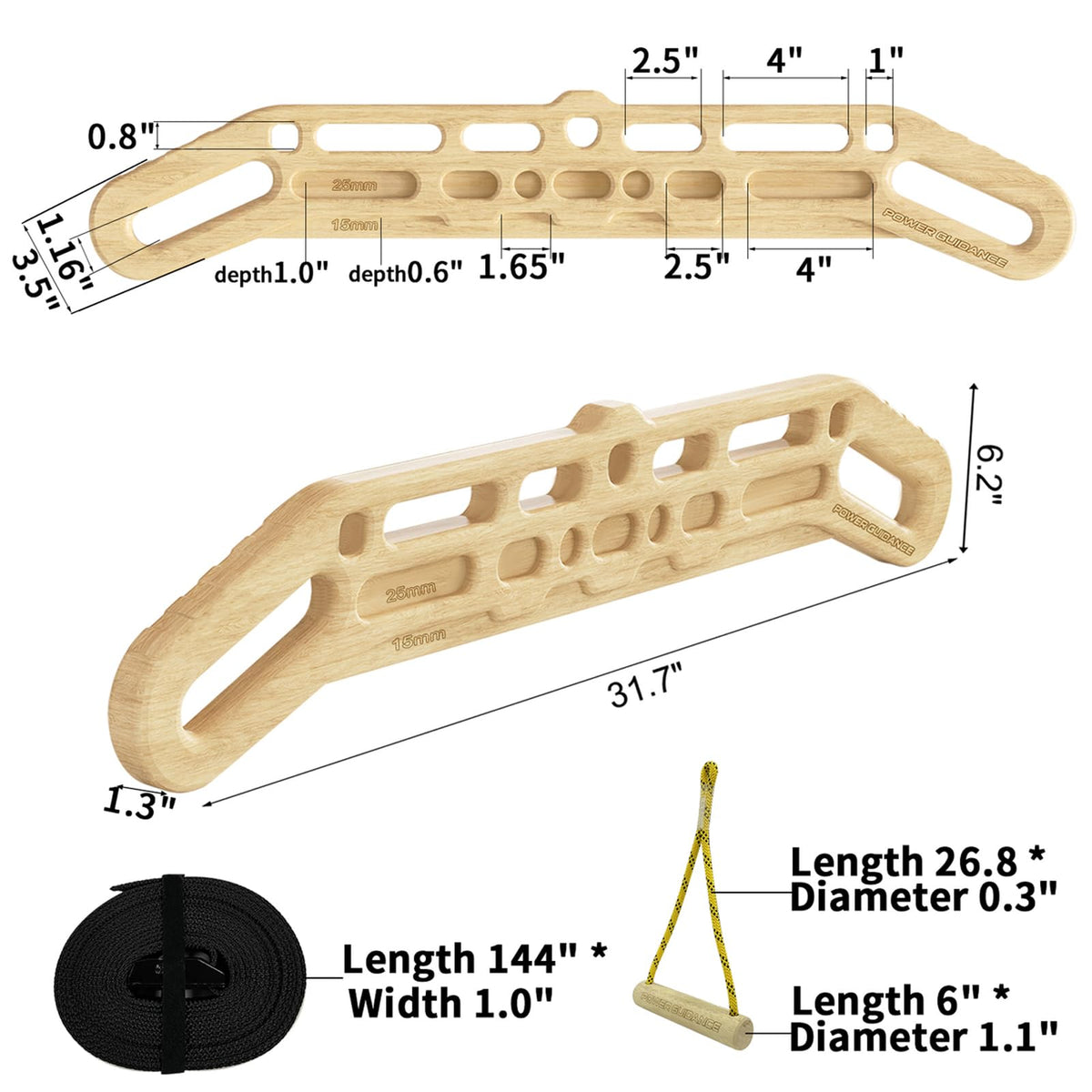 POWER GUIDANCE Wooden Hangboard Portable Rock Climbing Hangboard with Suspension Training Function, Enhance Finger Grip Strength, Indoor and Outdoor Use