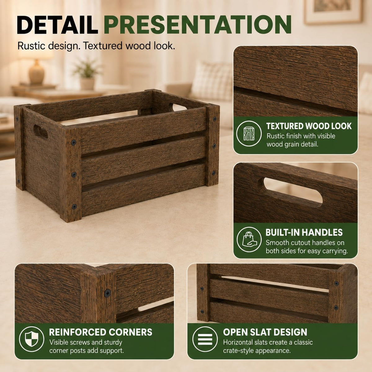 BOY MCOWBOY Wooden Crates for Display, 3 Pack Large Rustic Handmade Wood Crate for Storage, Wooden Basket with Handles, Nesting Crates Boxes for Container and Decor Living Room Outdoor Christmas