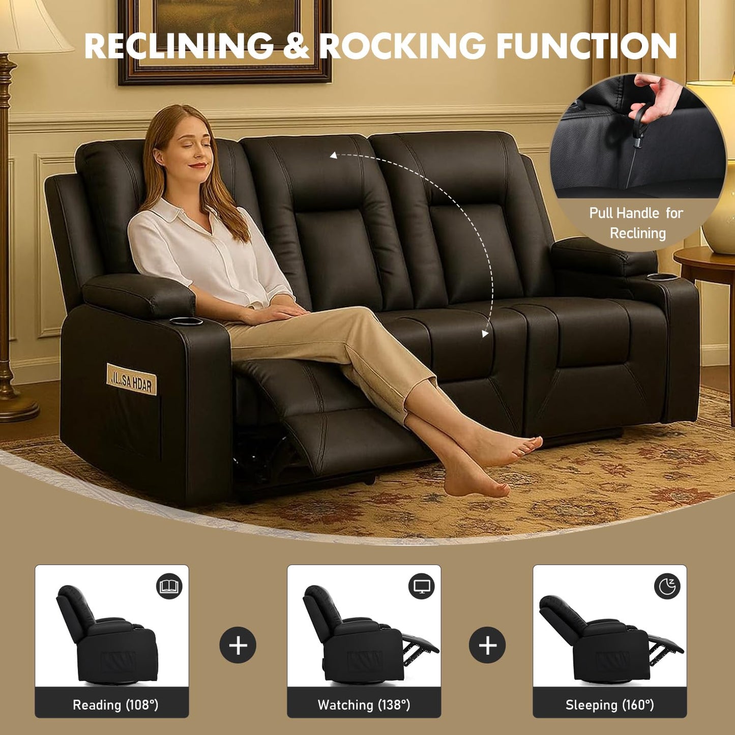 LUCKLIFE Leather Recliner Sofa Set with Manual Recliners,Living Room Furniture Set with Reclining Couch,Loveseat and Armchair,Living Room Chair with Cup Holders,Black (3+1)