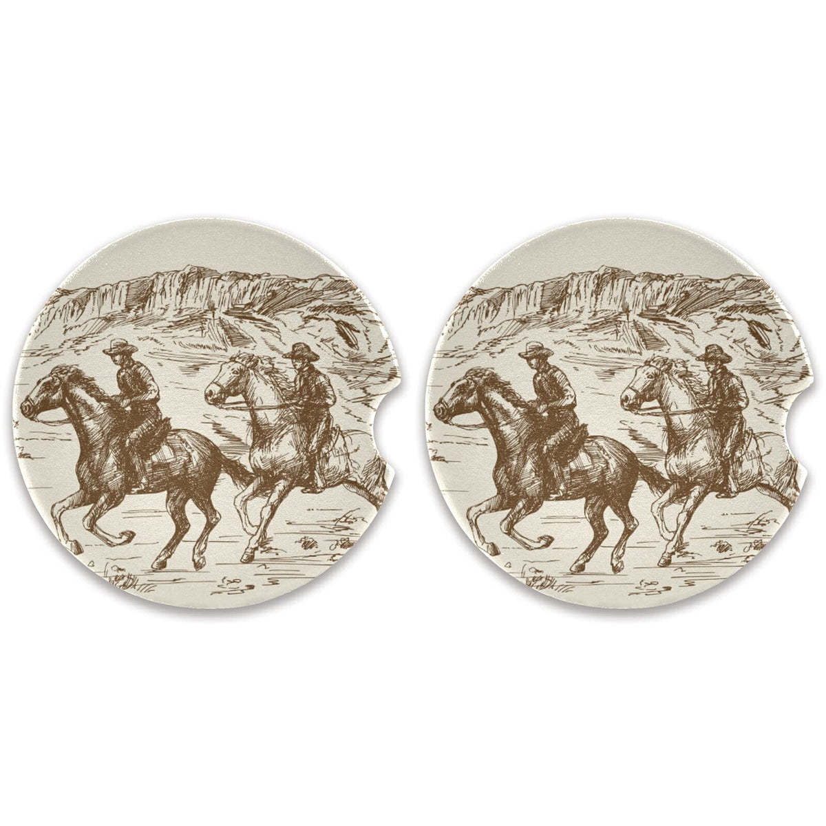 xigua Absorbent Car Coasters 2 Pack, Ceramic Coaster with Cork Back and Finger Slot, Western Desert Cowboy Car Cup Coasters 2.56"