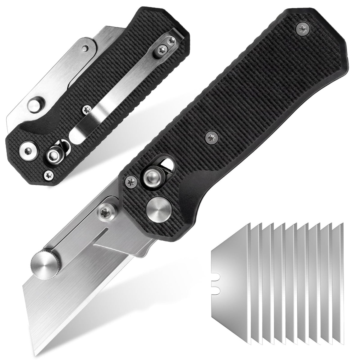 Folding Utility Knife for Men Women, Quick Change Box Cutter with 10Pcs SK5 Replaceable Blades, EDC Razor Knife for Cartons, Cardboard, Boxes, Christmas Stocking Stuffers Gifts for Men Husband Women （Black）