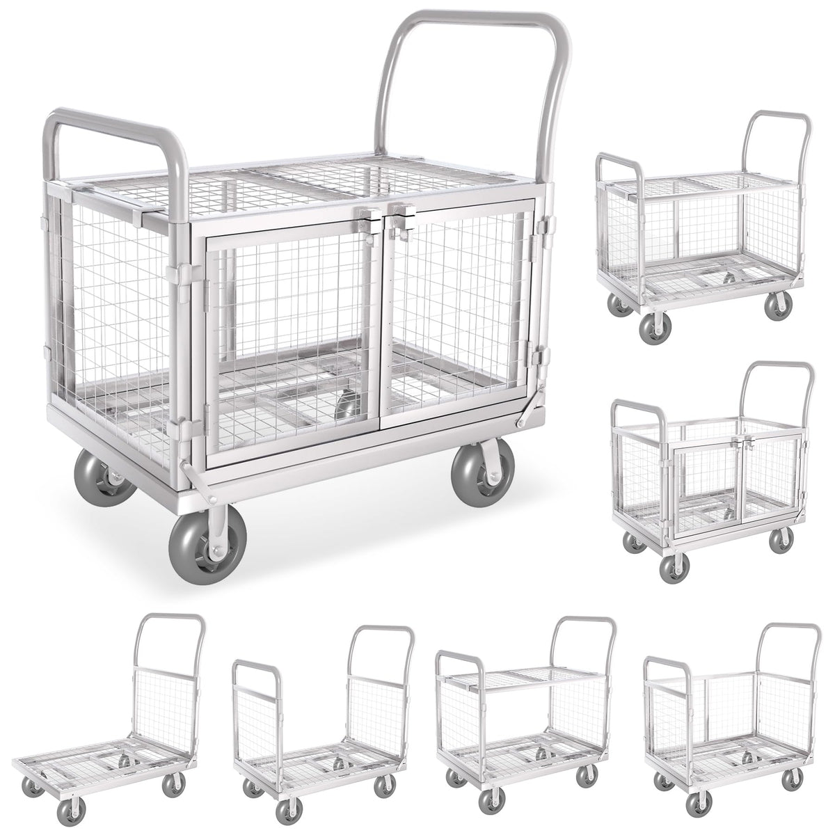 Platform Truck Cart with Cage 2-Door Design 7 in 1 Mutipurpose Handcart with 5" Wheel 39"x25" Large Uitility Cart, Mesh Plate w/Removalble Fence 6-Side, Load 2000lbs for Grocery/Laundry/Stall/Storage