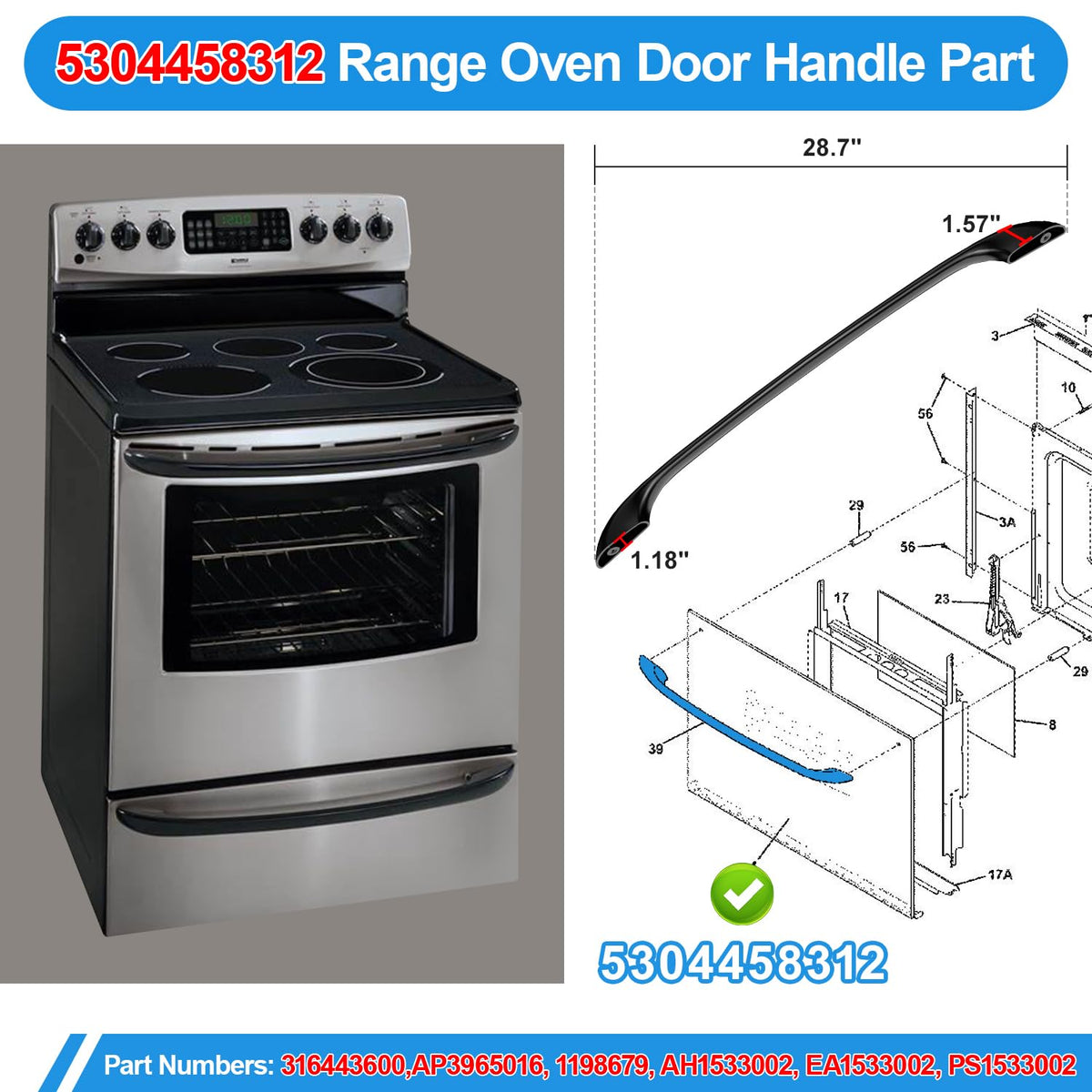 Upgraded 5304458312 Oven Door Handle Replacement Compatible with Kenmore Electrolux Frigidaire Electric Range Oven Stove Replaces 316443600 AP3965016,Include 2 Pack 316433300 Oven Door Handle Screws