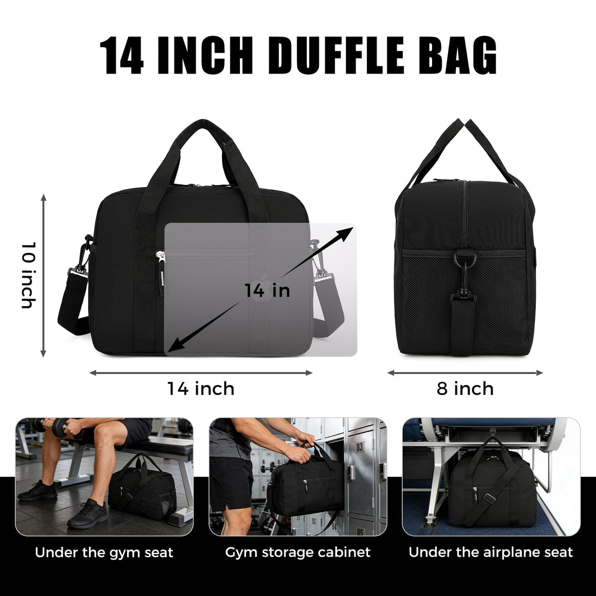 Uarition 14 inch Small Gym Bag for Men & Women, Mini Duffle Bag for Travel Sports, Lightweight Carry On Duffel Bag, Black