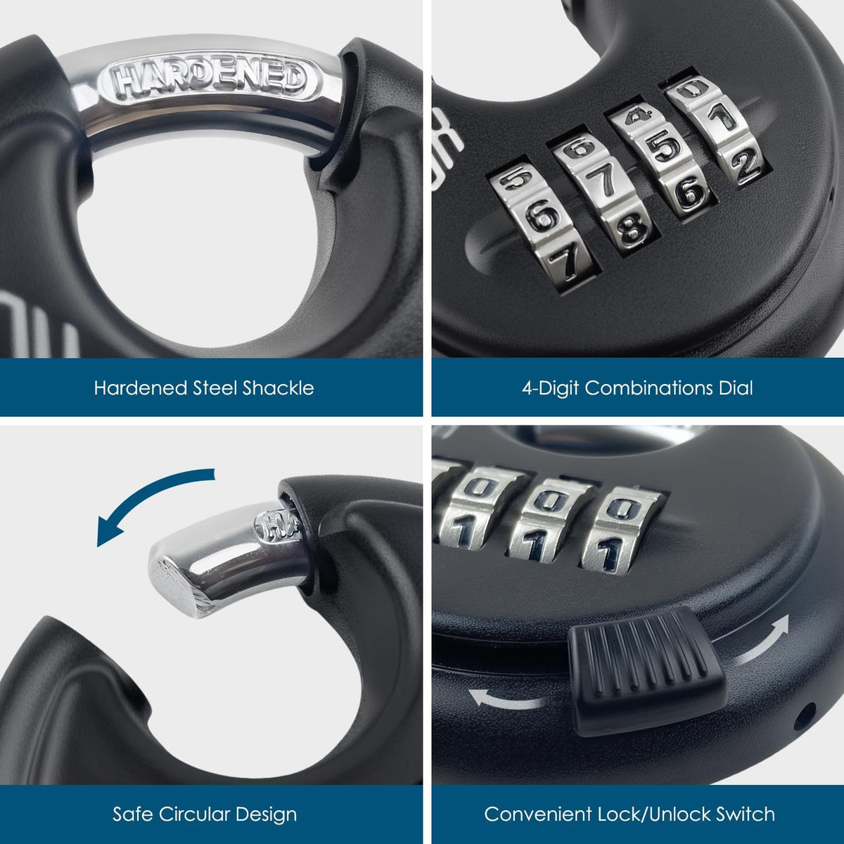 HOX Combination Lock, 4 Digit Disc Padlock with 3/8 Inch Hardened Steel Shackle, 2-3/4 Inch Zinc Alloy Wide Body, Keyless Heavy Duty Combo Lock for Hasp Latch, Sheds, Fences, Storage Locker (4 Pack)