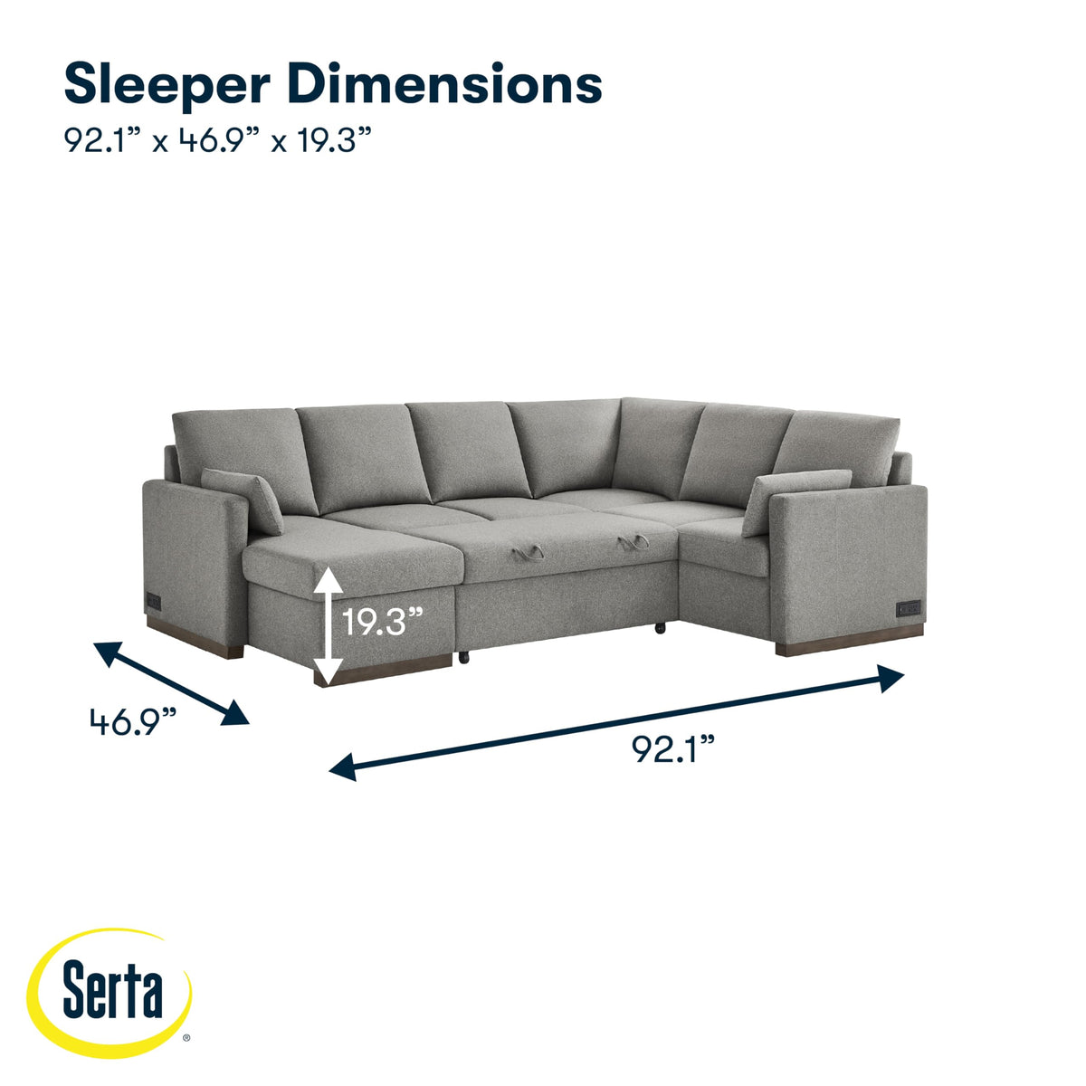 Serta® Emmett 110.2" Convertible Sleeper Sectional, Queen Size, Dreamcoil® Comfort, Reversible Storage Chaise, USB-C and USB-A Power Ports, Woven Fabric, Light Grey