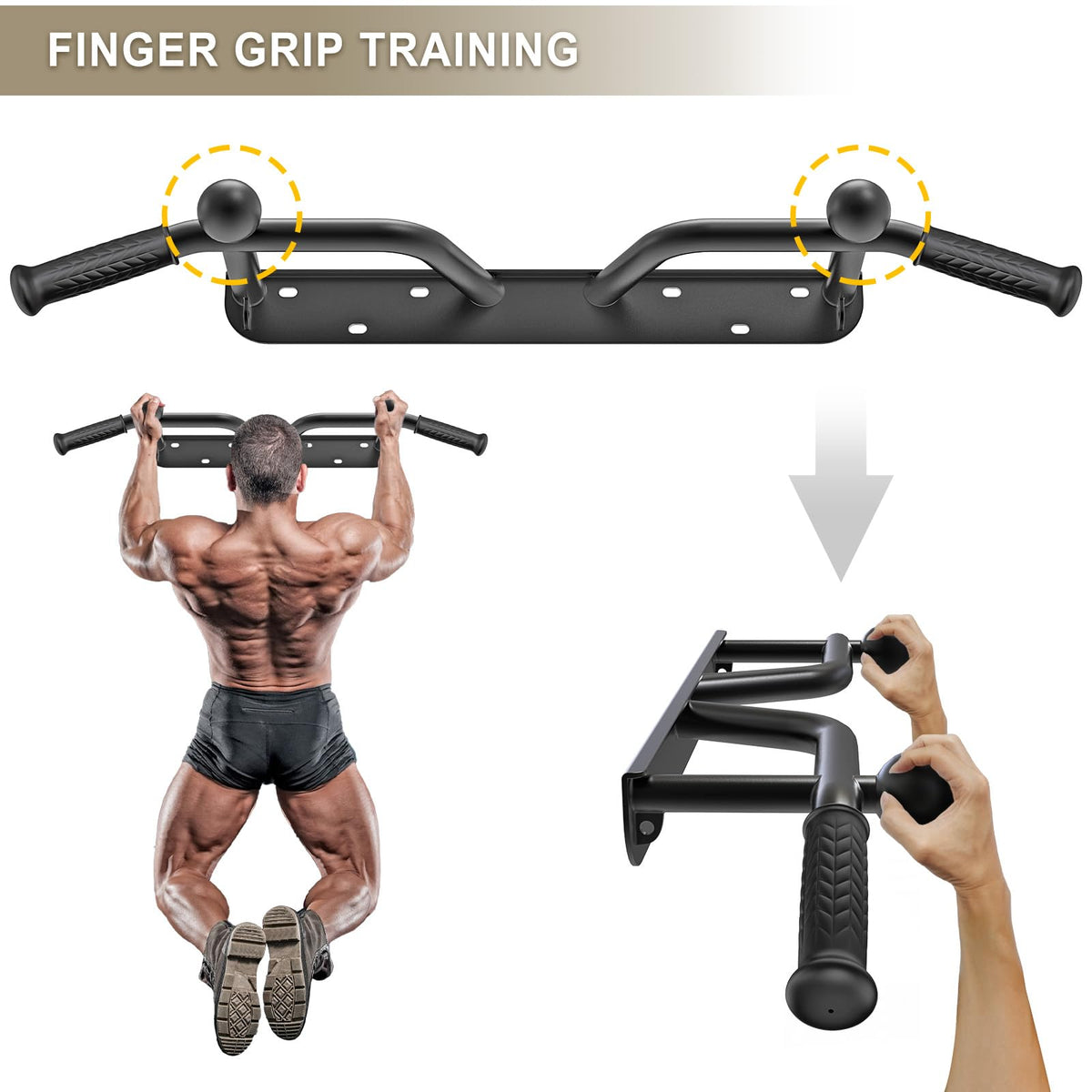 BeneLabel Wall Mounted Pull Up Bar 440 LBS Capacity Multifunctional Doorway Pullup Bar Beam or Joist Mount Chin Up Bar with Resistance Band Hooks and Ball Finger Training