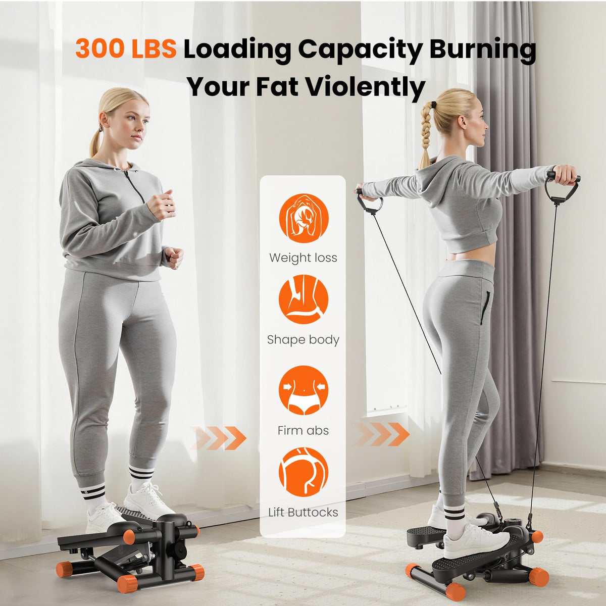 Sweetcrispy Mini Stair Stepper with Resistance Bands, Hydraulic Home Stepper Machine, 300 LBS Weight Capacity, Compact Cardio Equipment with LCD Monitor, No Assembly Required, Black&Orange