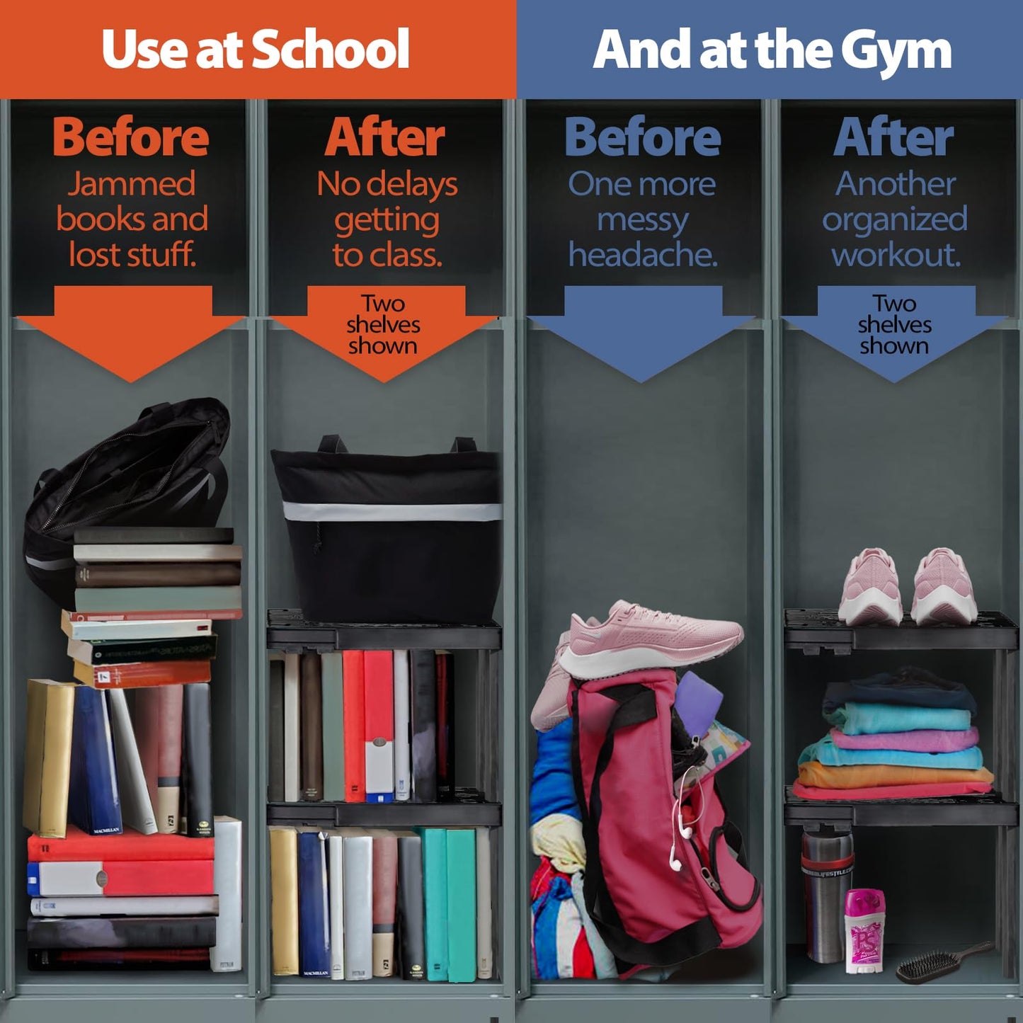 Piffny Locker Organizer Shelf， Adjustable Width and Height, Stackable, Ideal Locker Shelf for School, Office, Gym Lockers, or Even Kitchen Cabinets & Under Sink Organization (Black),(PLKSLF01)
