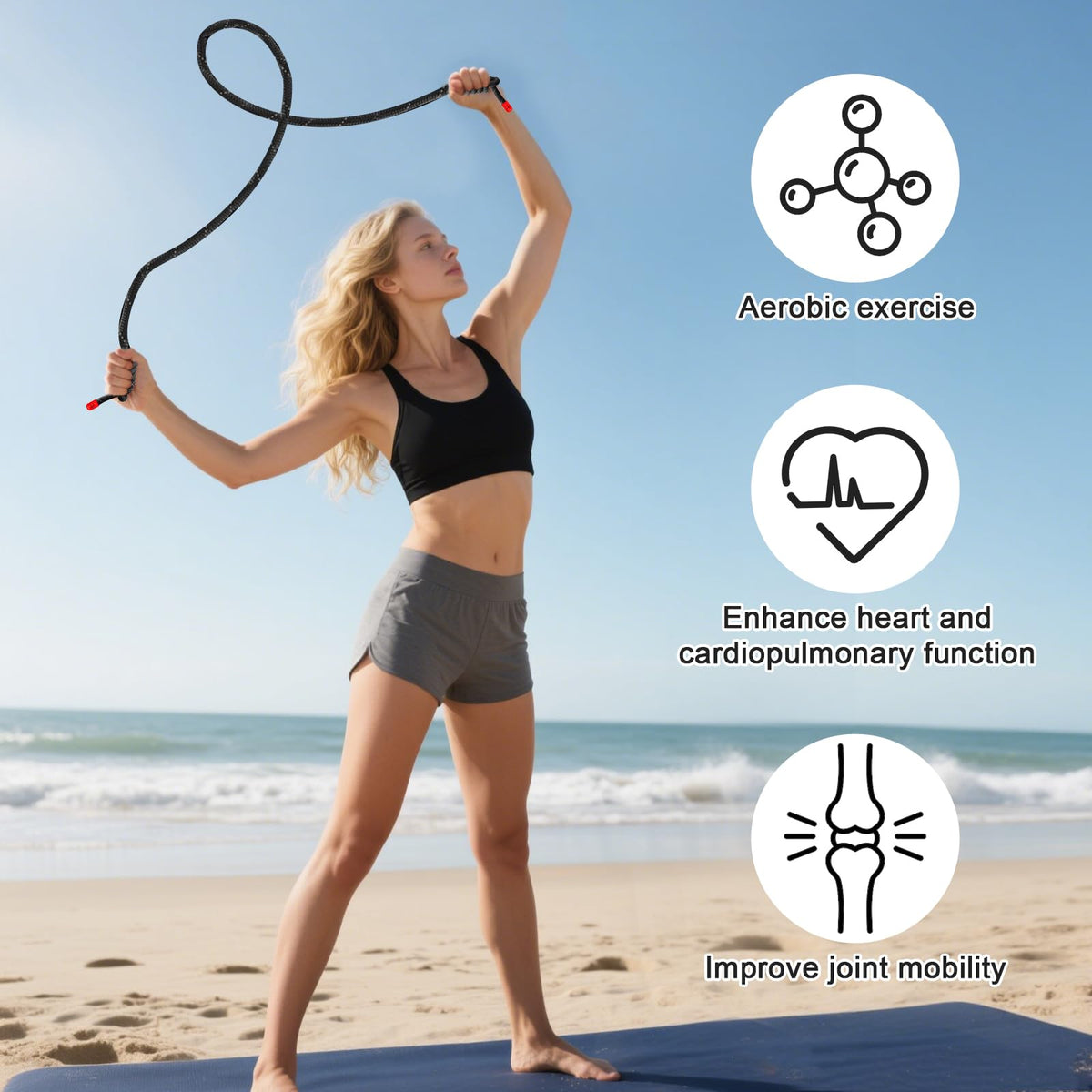 Flow Rope Exercise Jump Rope For Fitness, Working Out, Flow with 9 Ft 2Lbs Adjustable Double Woven Workout Rope For Men, Women, Beginners' Training – Indoor & Outdoor Cardio (Black(Reflective tape))