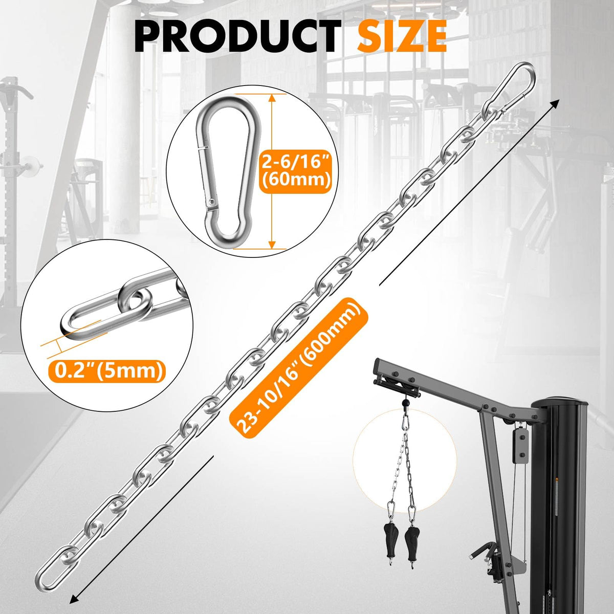 Anobeyi 23.6" Gym Fitness Cable Extension Chain, 304 Stainless Steel Cable Machine Extension Accessory, Workout Chain for Home Gym Replacement, Weight Lifting, Triceps Exercise (Silver-1pc (Dia-5mm))