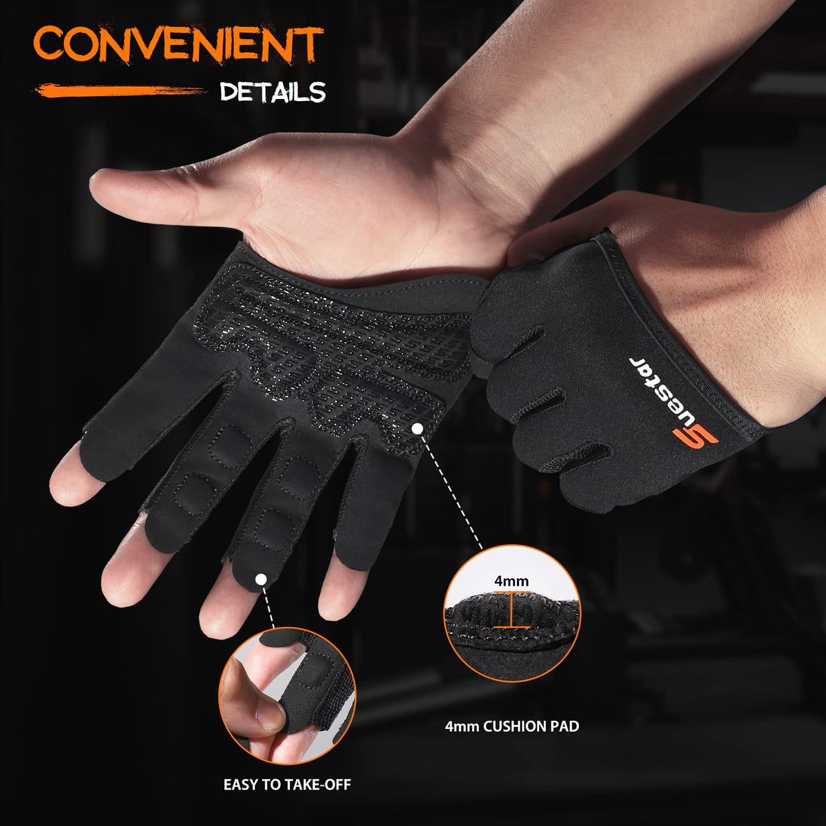 SueStar Partial Weight Lifting Gloves, 3/4 Finger Workout Gloves for Men Women, Full Palm Protection & Silicone Grip Gym for Weightlifting Exercise Fitness Smartwatch Friendly (Black, Medium)
